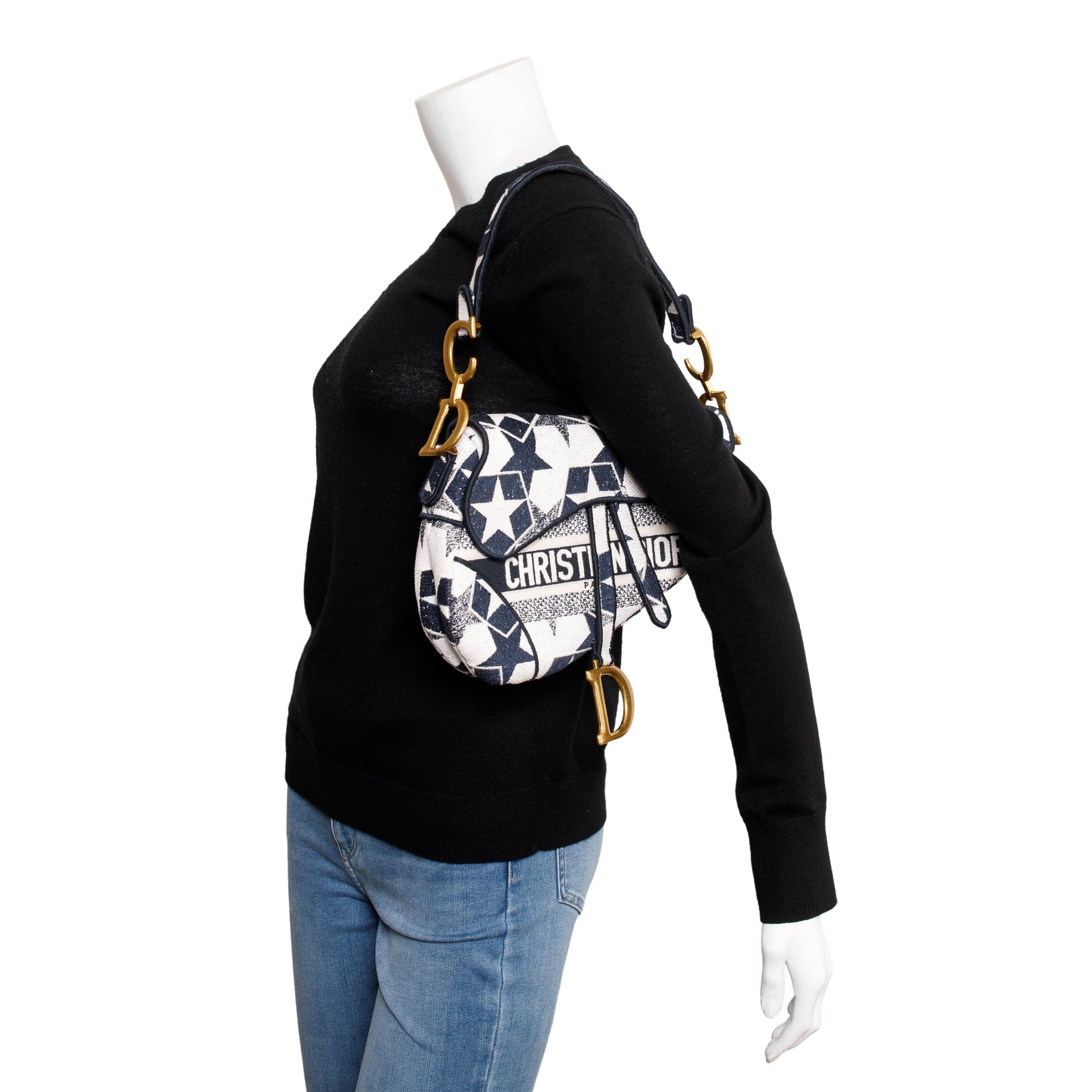 Dior Christian Navy & Stars Embroidered Saddle Bag White Travel Bag
