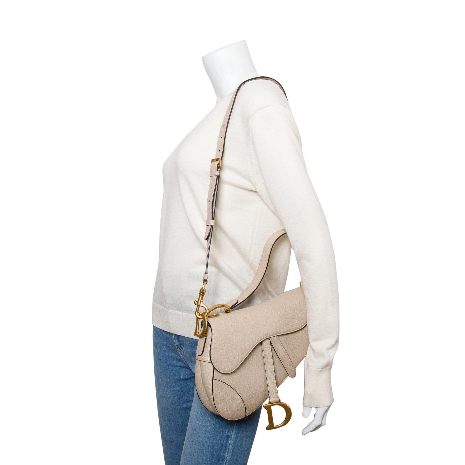 Dior Christian Grained Calfskin Saddle Bag Leather Beige Travel Bag