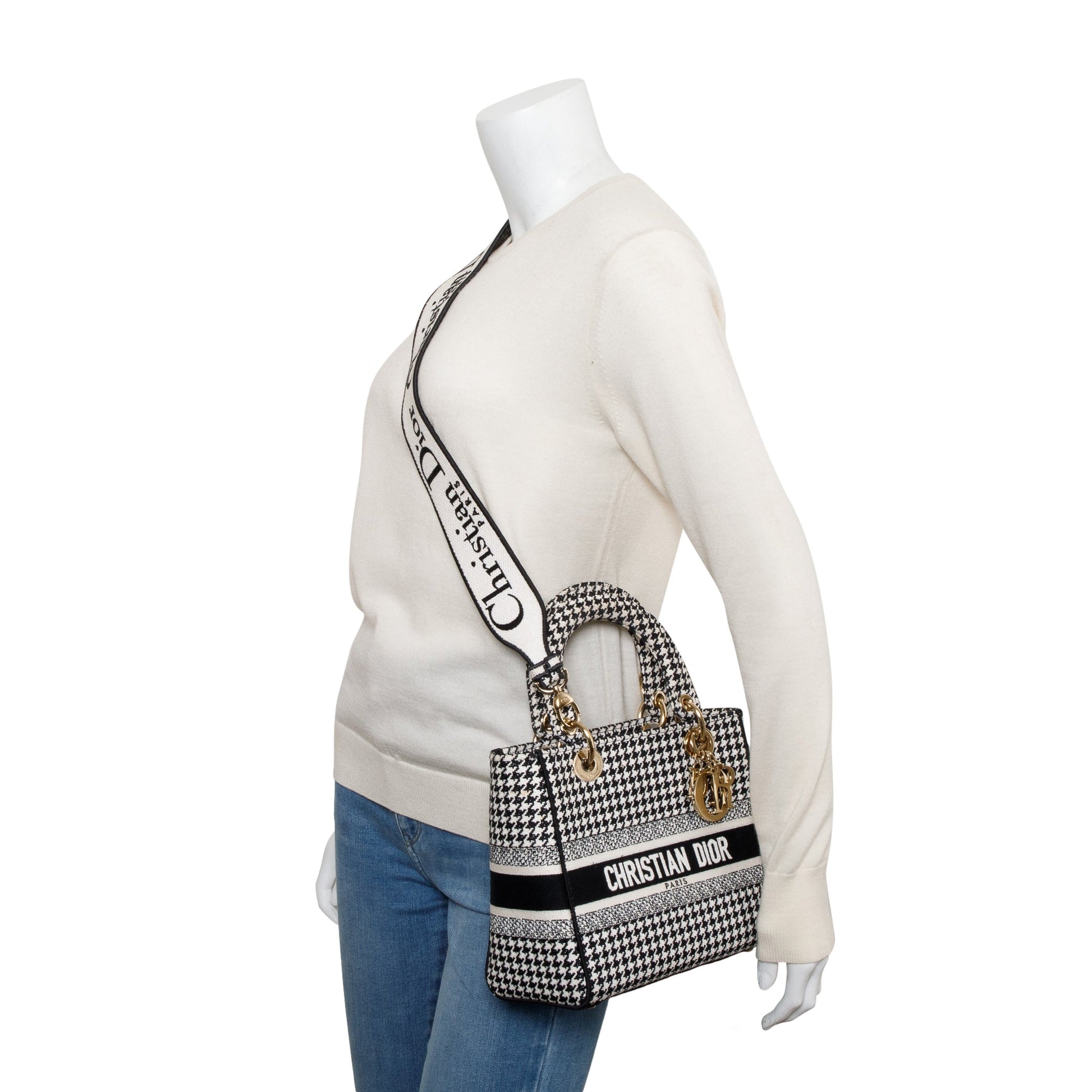 Dior Christian Houndstooth Embroidered Medium Lady D Lite Black White Travel Bag