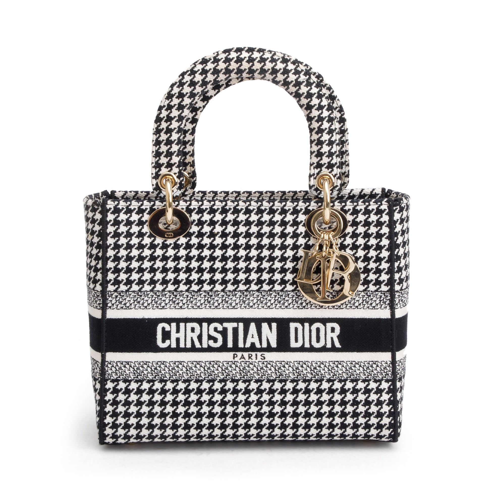Dior Christian Houndstooth Embroidered Medium Lady D Lite Black White Travel Bag