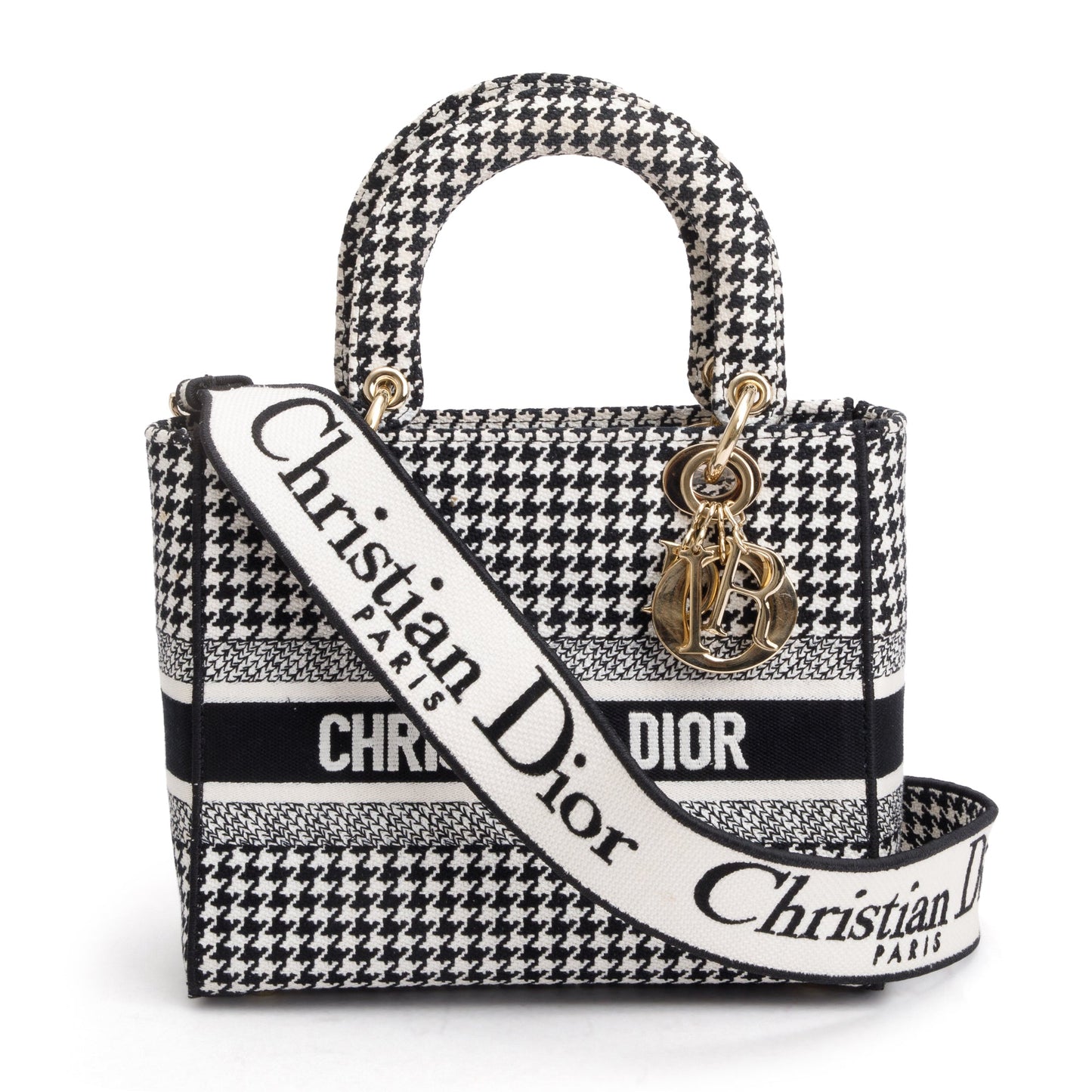 Dior Christian Houndstooth Embroidered Medium Lady D Lite Black White Travel Bag