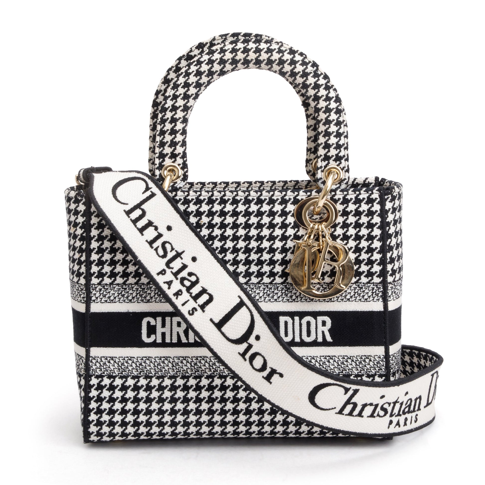 Dior Christian Houndstooth Embroidered Medium Lady D Lite Black White Travel Bag