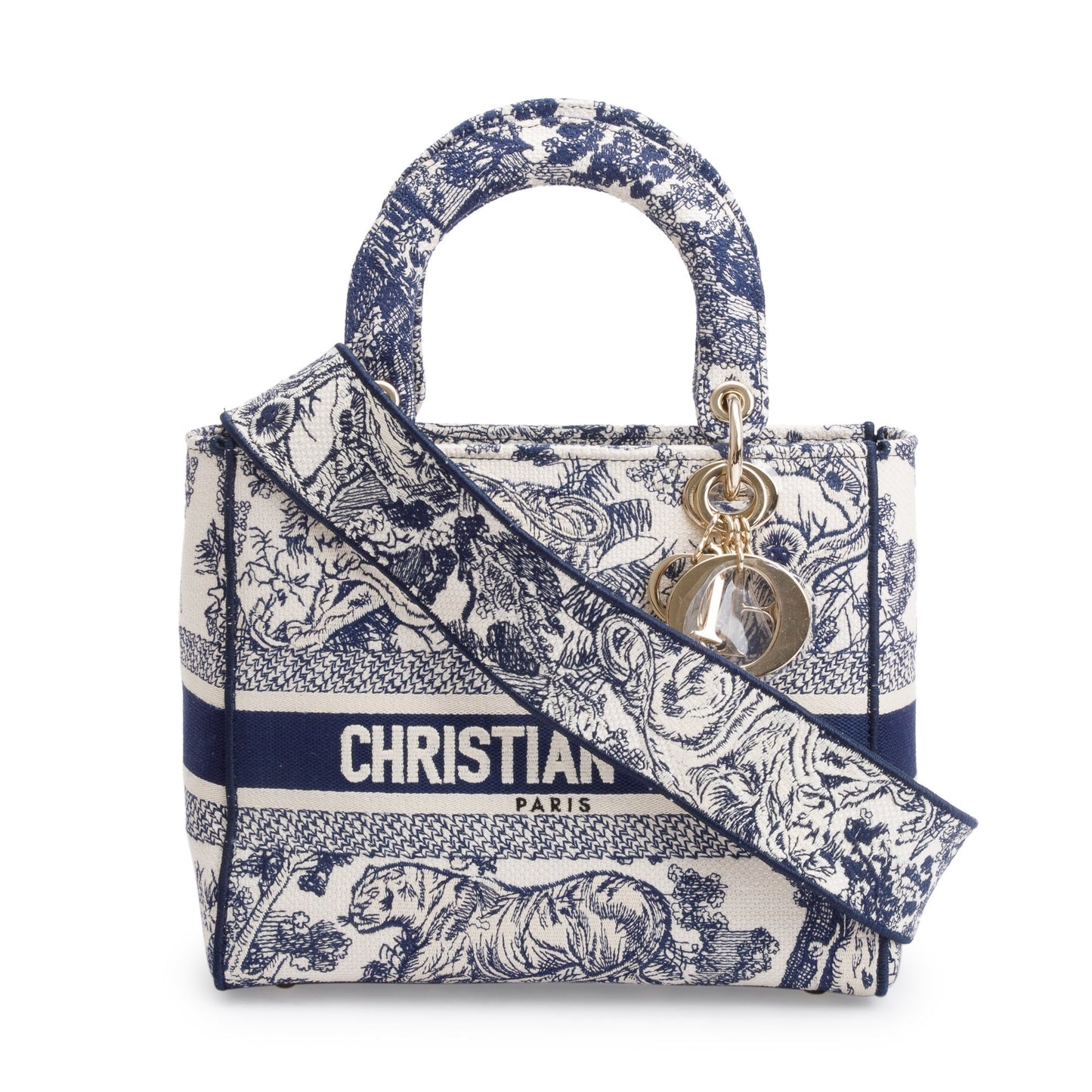 Dior Christian Toile De Jouy Reverse Embroidery Lady Blue Medium Travel Bag