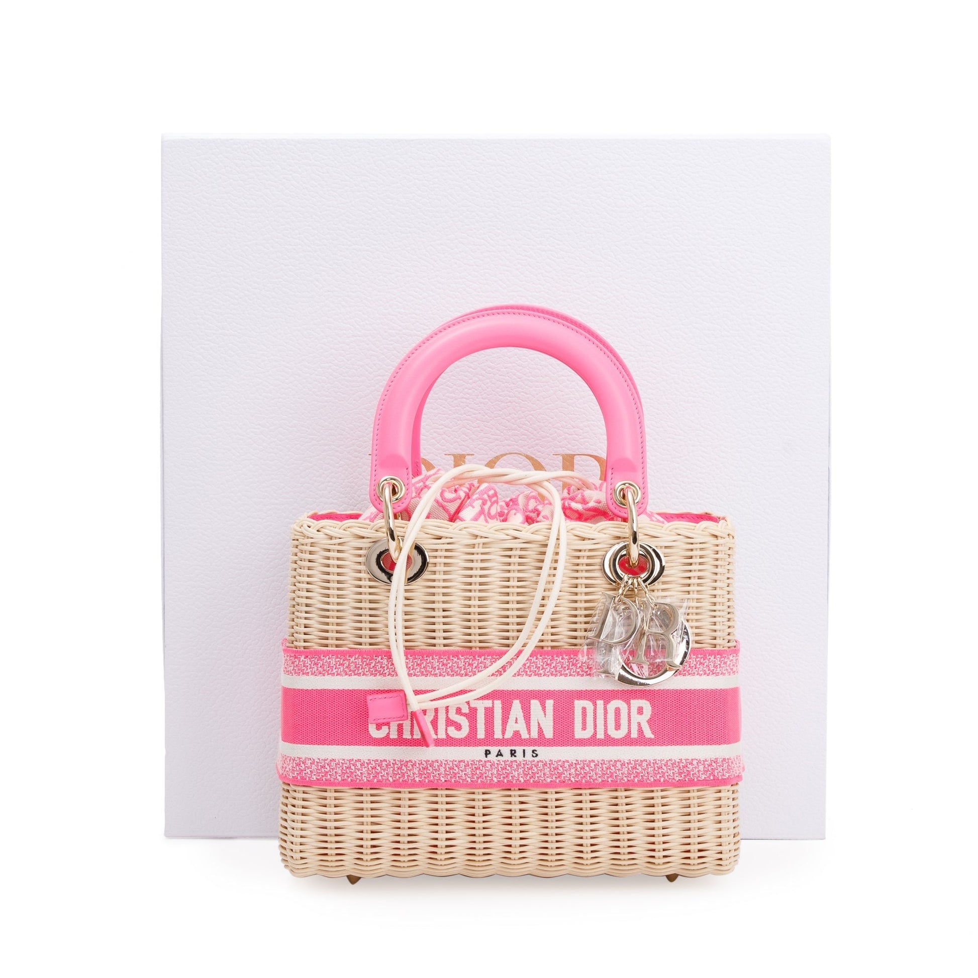 Dior Christian Natural Wicker Oblique Lady Bag Pink Medium Travel Bag