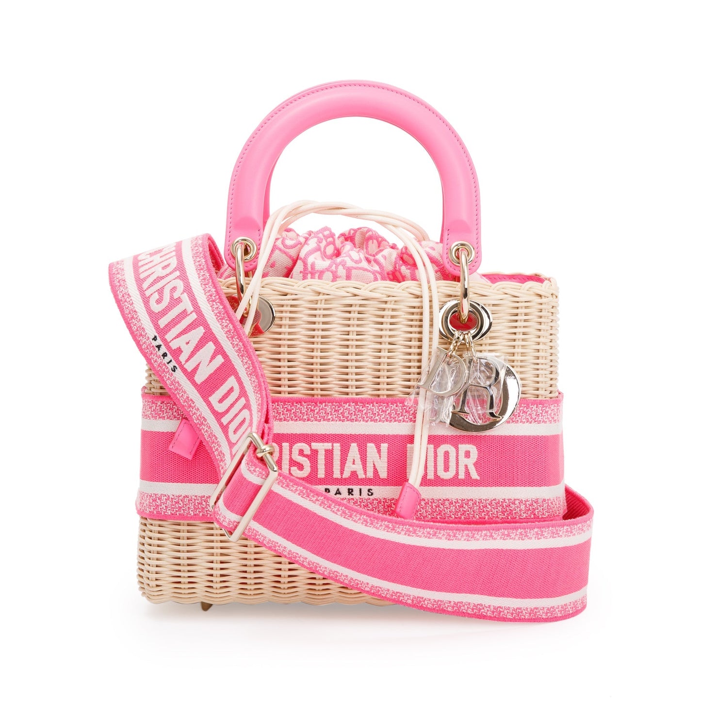 Dior Christian Natural Wicker Oblique Lady Bag Pink Medium Travel Bag