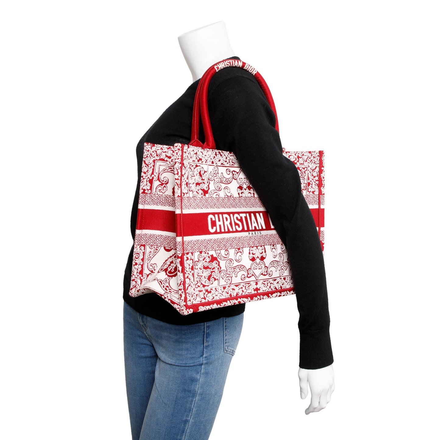 Dior Christian & Bandana Embroidery Book Tote Handbag White Red Tote Bag