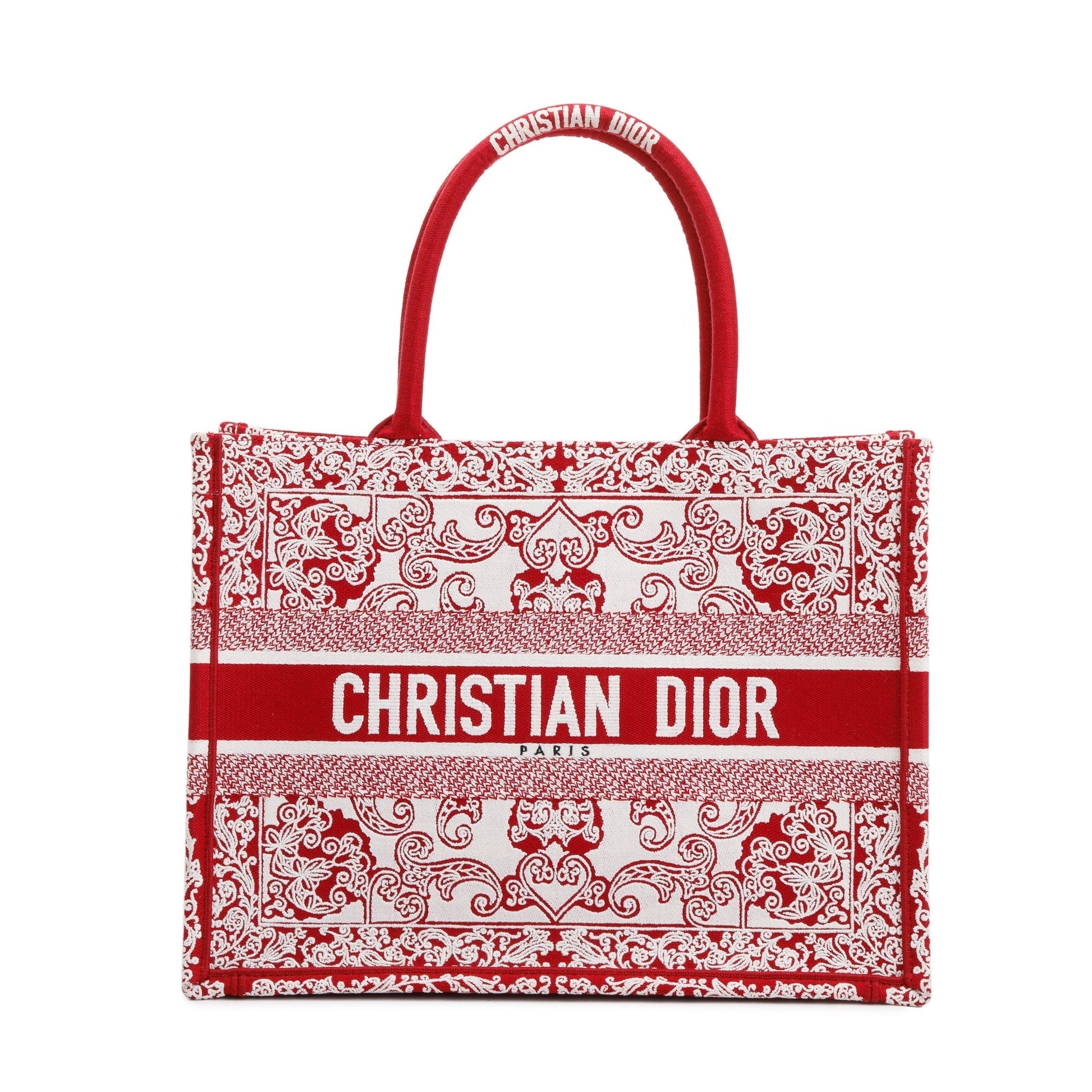 Dior Christian & Bandana Embroidery Book Tote Handbag White Red Tote Bag