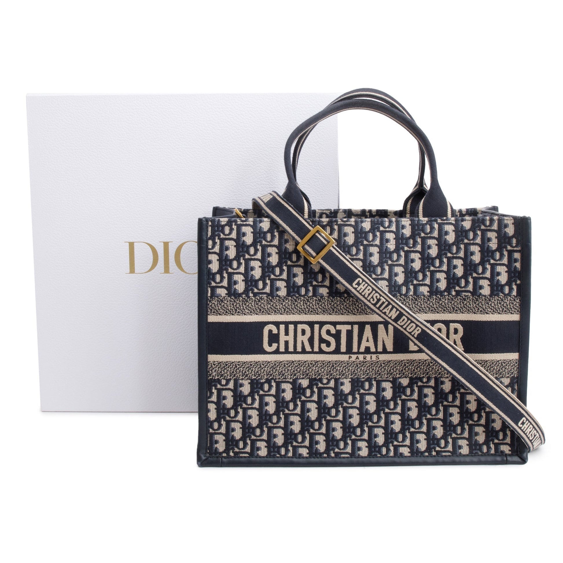 Dior Christian Navy Oblique Embroidered Book Tote Handbag Medium Tote Bag