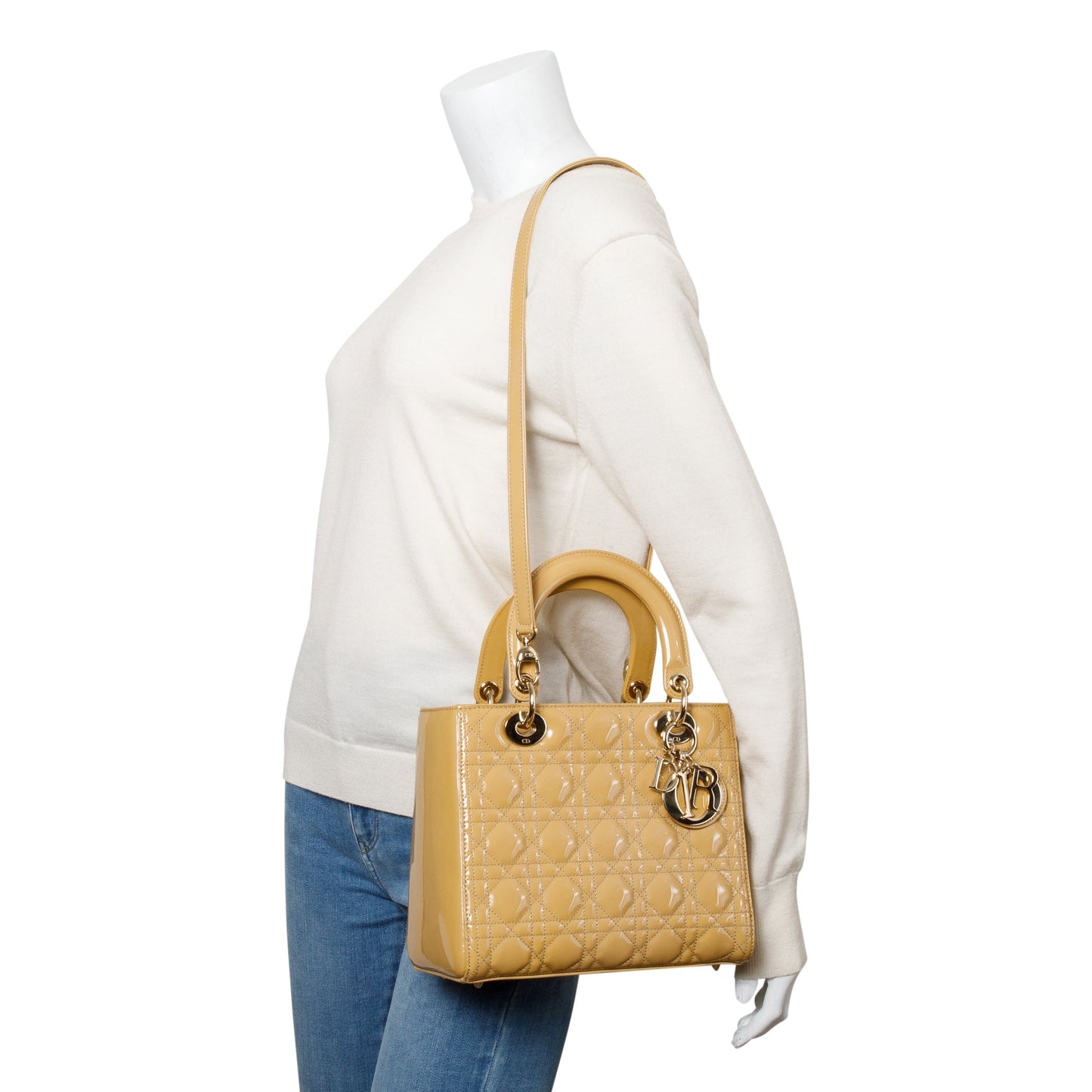 Dior Christian Cannage Patent Lady Bag Leather Beige Travel Bag