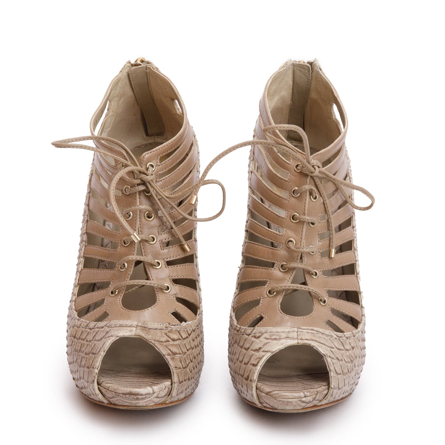 Dior Christian Python Embossed Lace Up Peep Toe Leather Beige Shoes