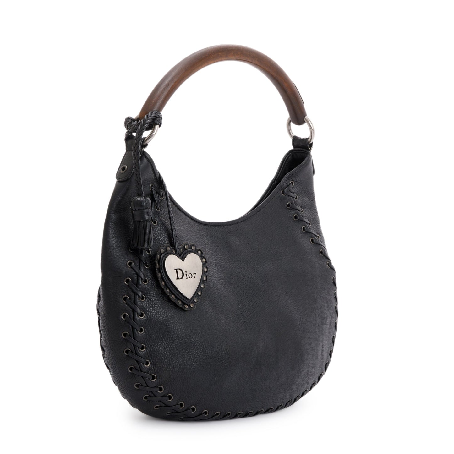 Dior Christian Calfskin Wooden Handle Ethnic Braided Hobo Leather Black Travel Bag