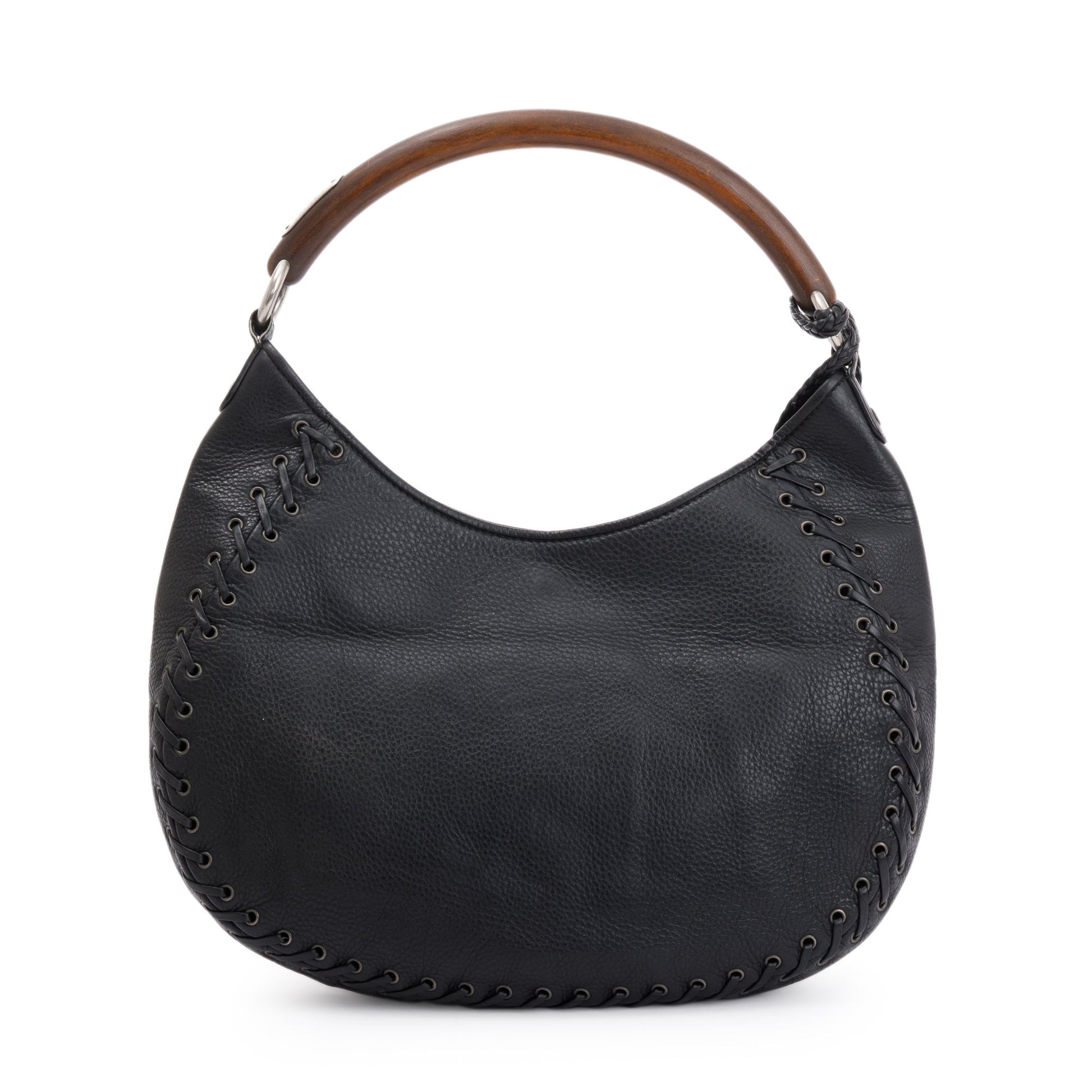 Dior Christian Calfskin Wooden Handle Ethnic Braided Hobo Leather Black Travel Bag