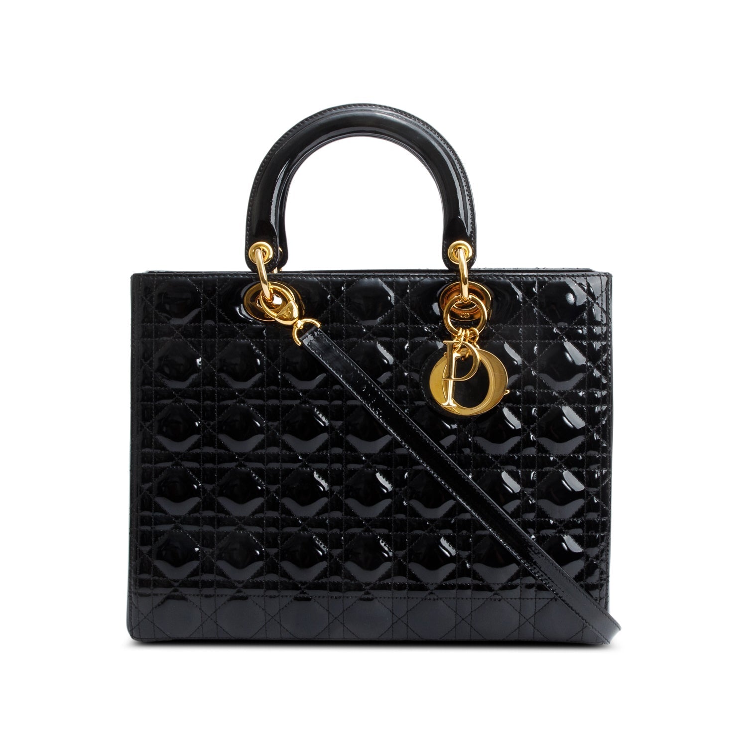 Dior Christian Cannage Patent Lady Bag Leather Black Travel Bag