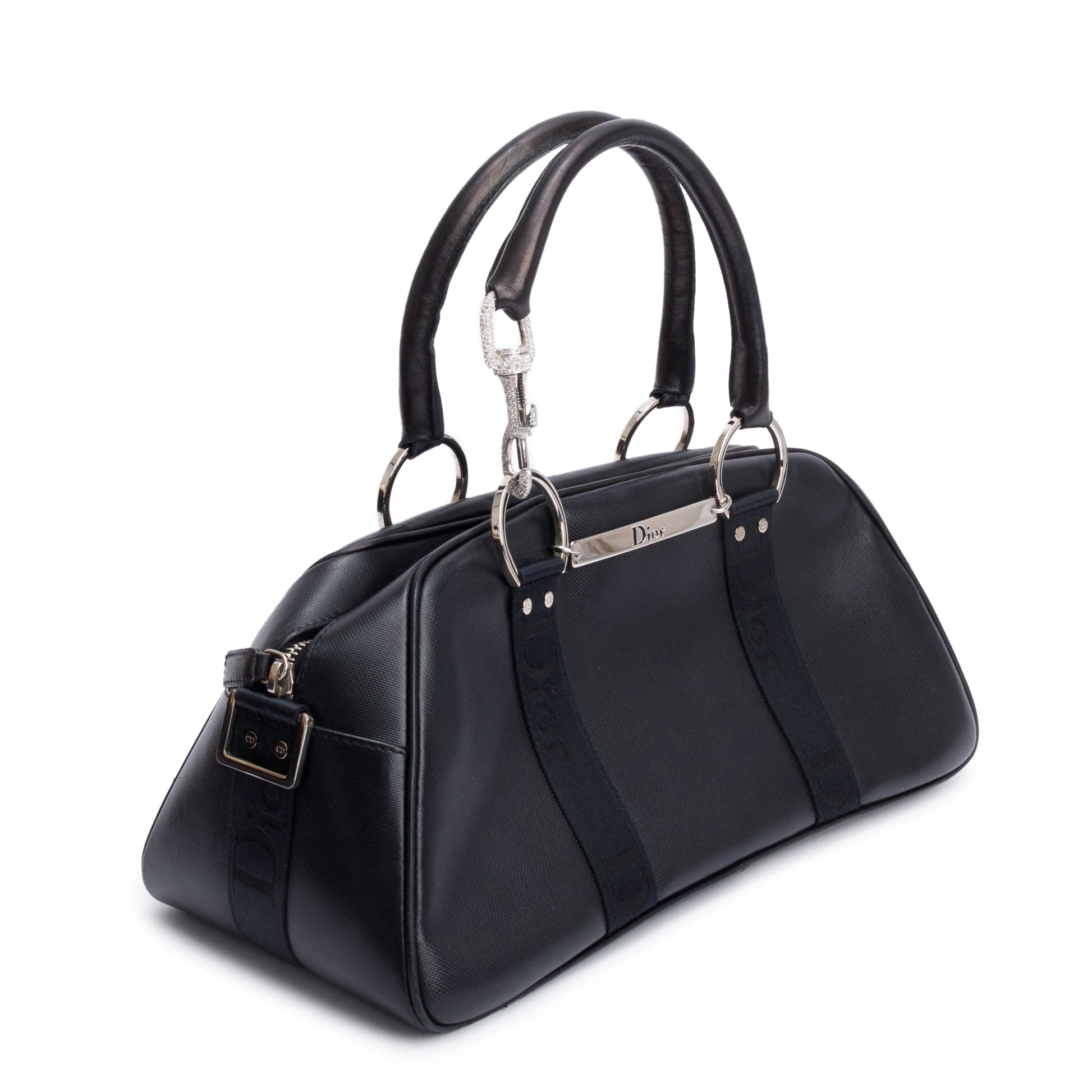 Dior Christian Crystal Embellished Hardcore Bowling Bag Leather Black Travel Bag