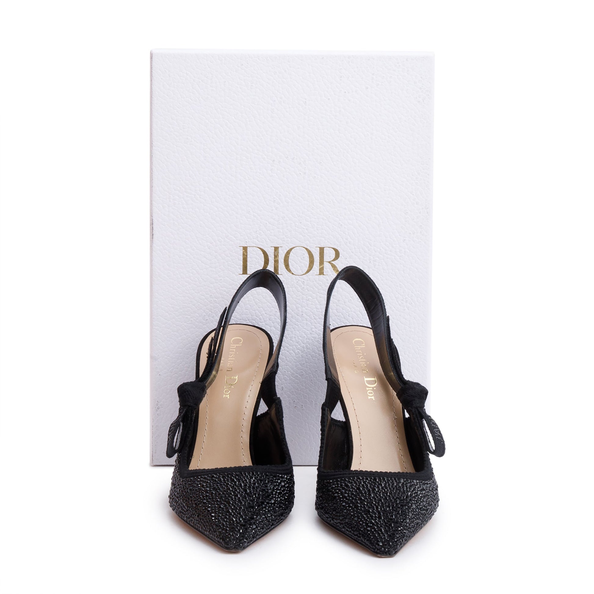 Dior Christian Crystal Embellished J'A Slingback Pumps, Size Leather Black Shoes