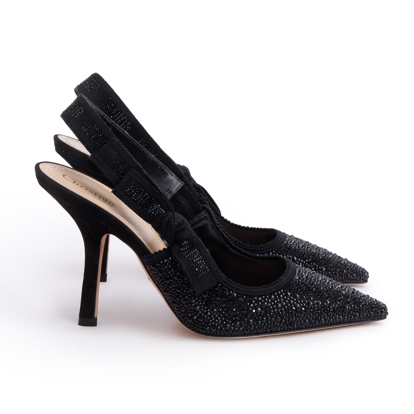 Dior Christian Crystal Embellished J'A Slingback Pumps, Size Leather Black Shoes