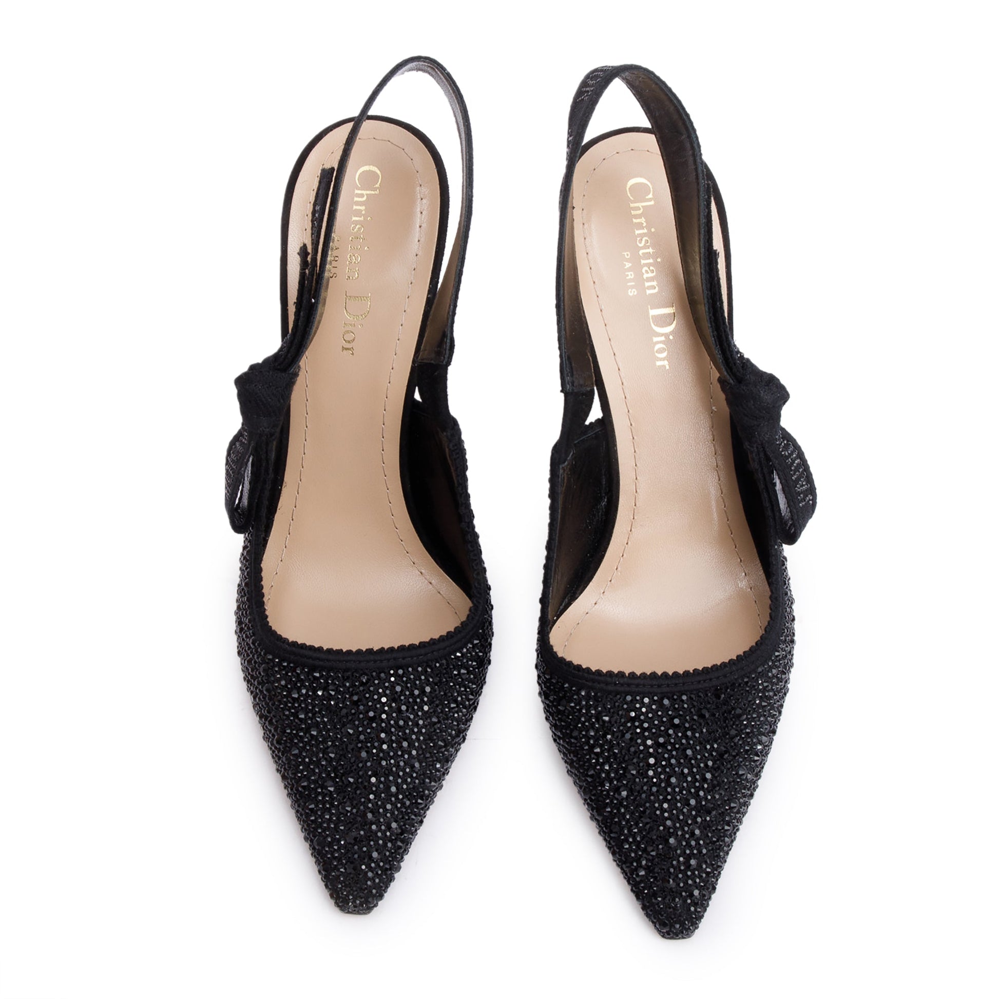 Dior Christian Crystal Embellished J'A Slingback Pumps, Size Leather Black Shoes