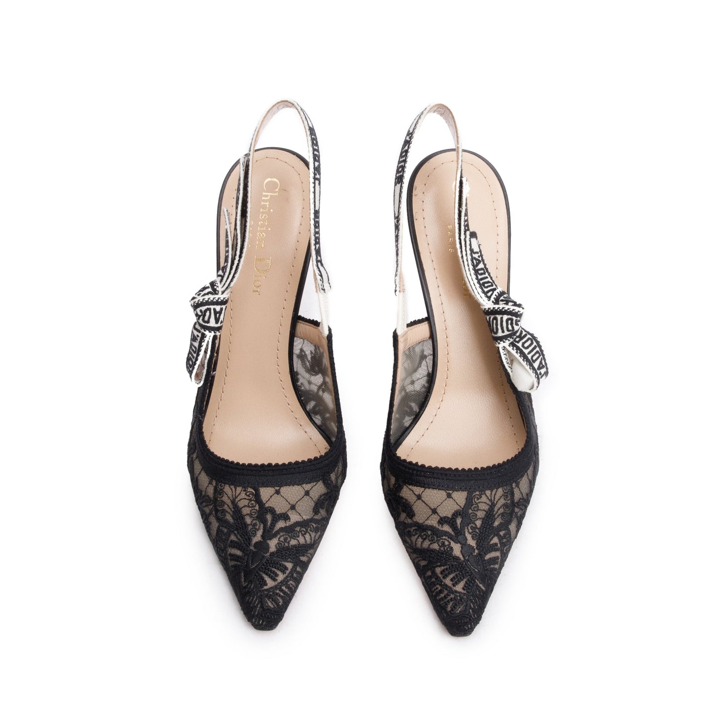 Dior Christian Mesh Chardons Embroidery J'A Slingback Pumps, Black Shoes