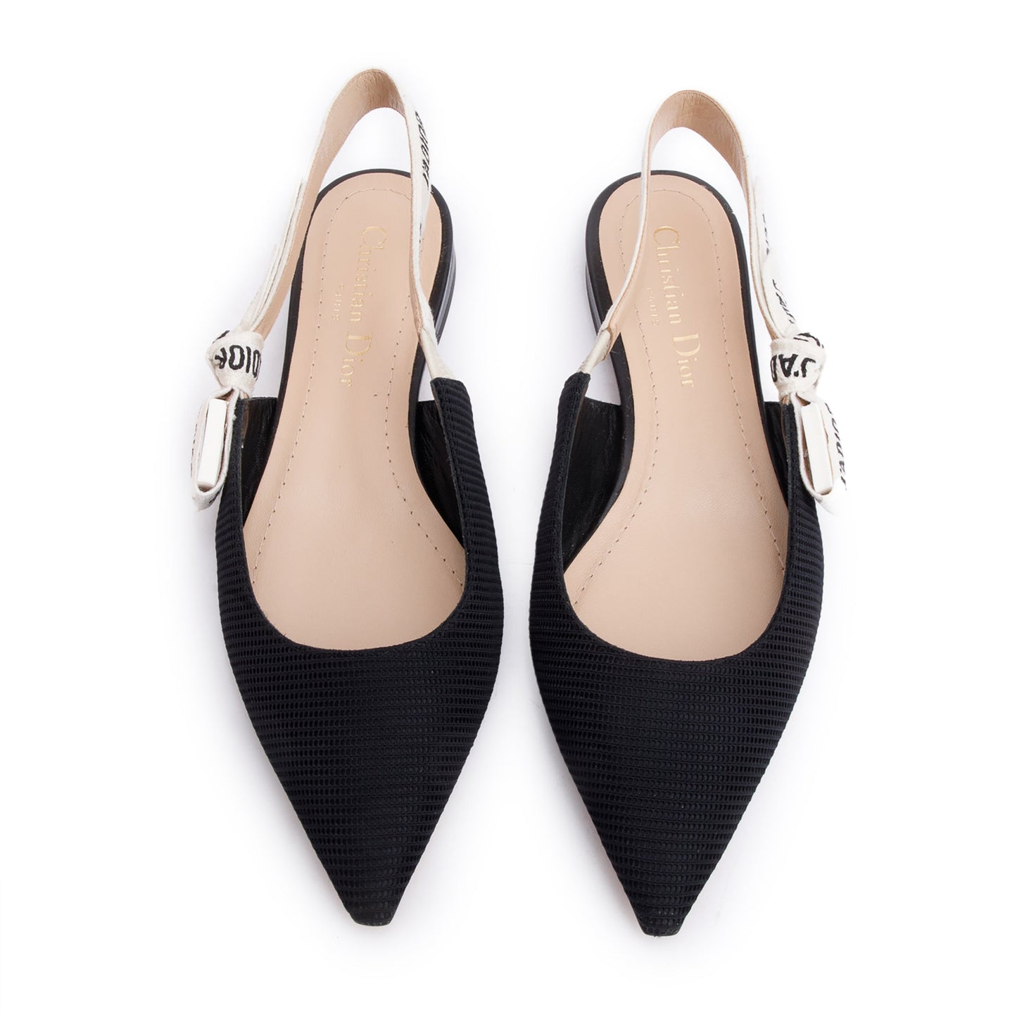 Dior Christian Technical Fabric Embroidery J'A Slingback Flats, Black Shoes