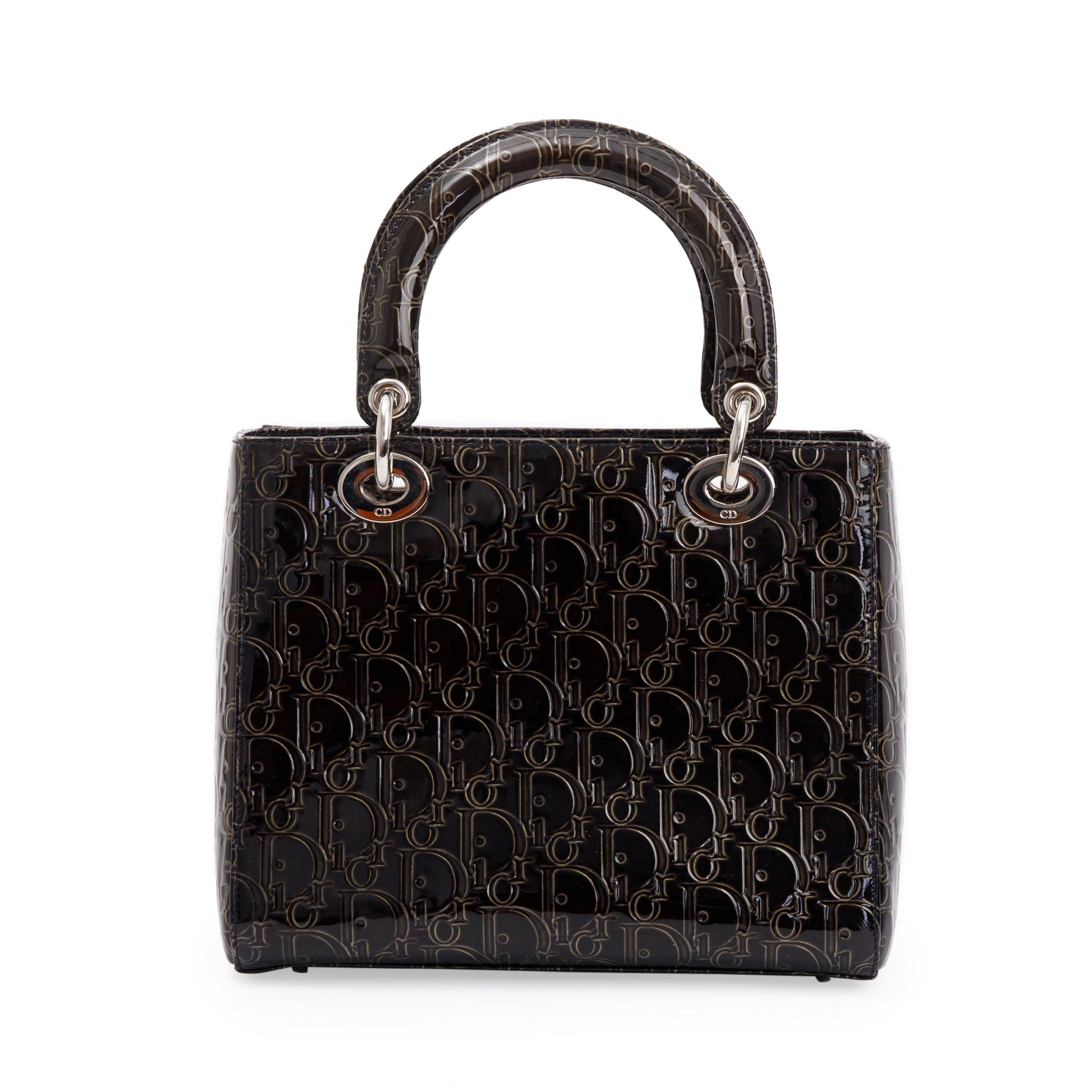 Dior Christian Ultimate Embossed Patent Lady Bag Leather Black Travel Bag