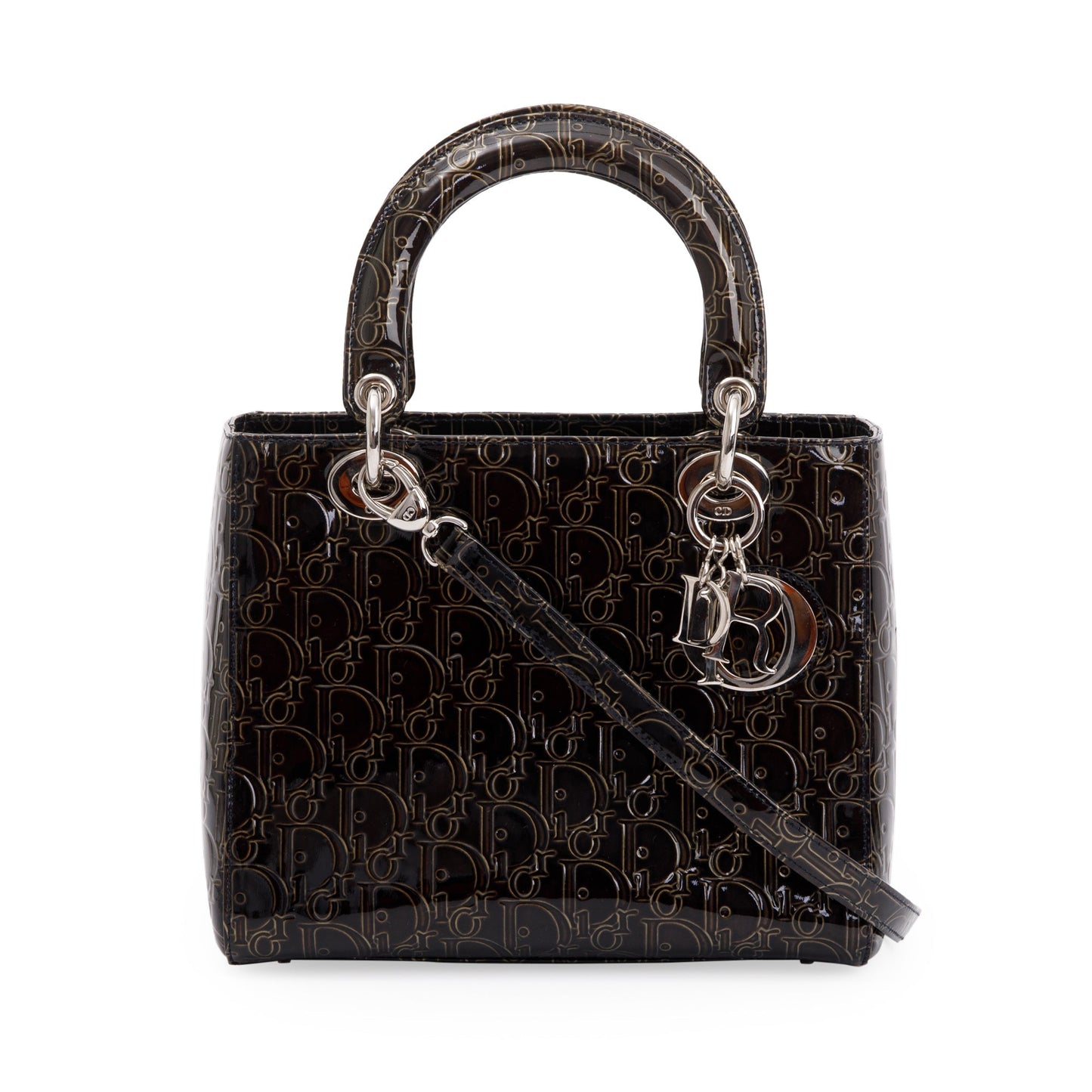 Dior Christian Ultimate Embossed Patent Lady Bag Leather Black Travel Bag