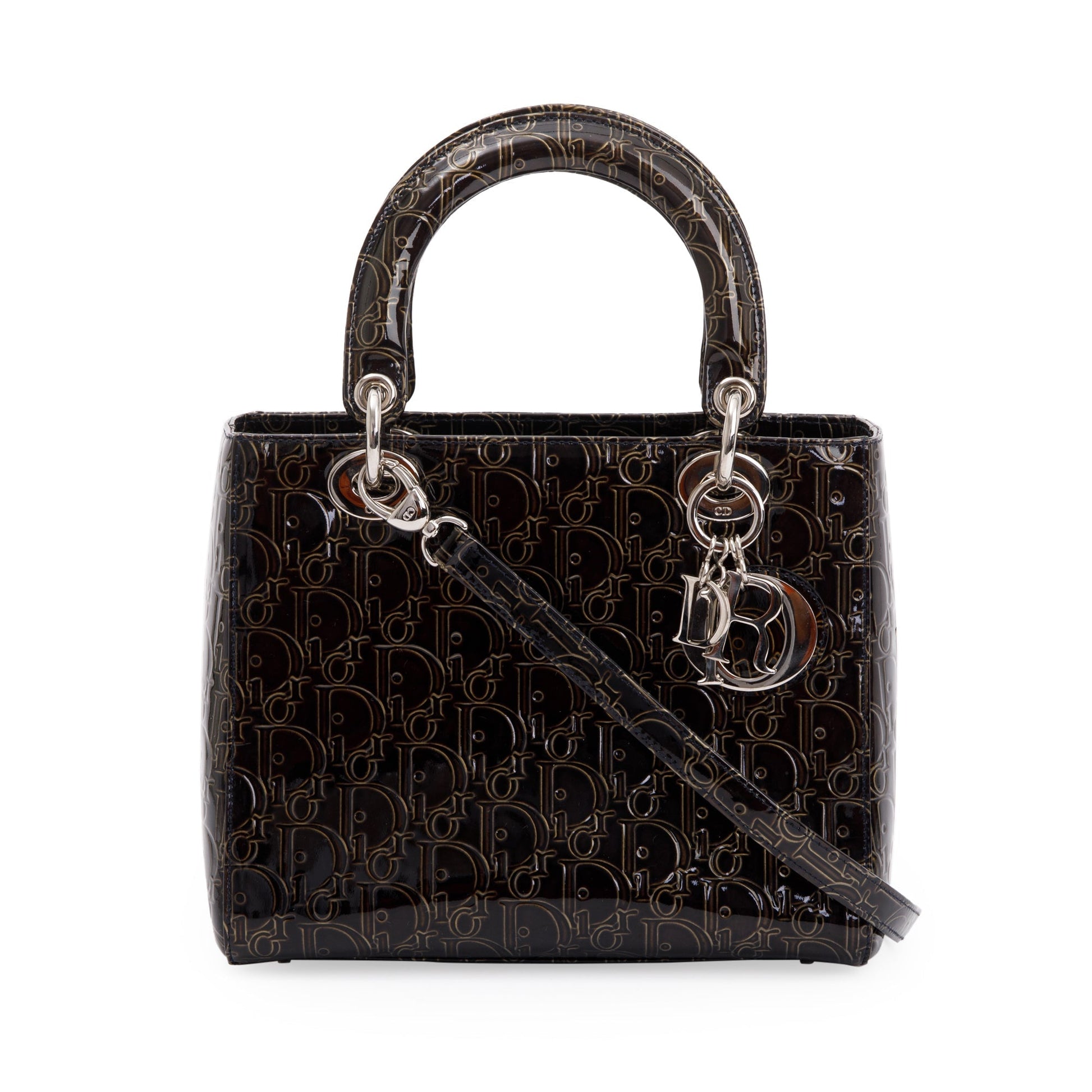 Dior Christian Ultimate Embossed Patent Lady Bag Leather Black Travel Bag