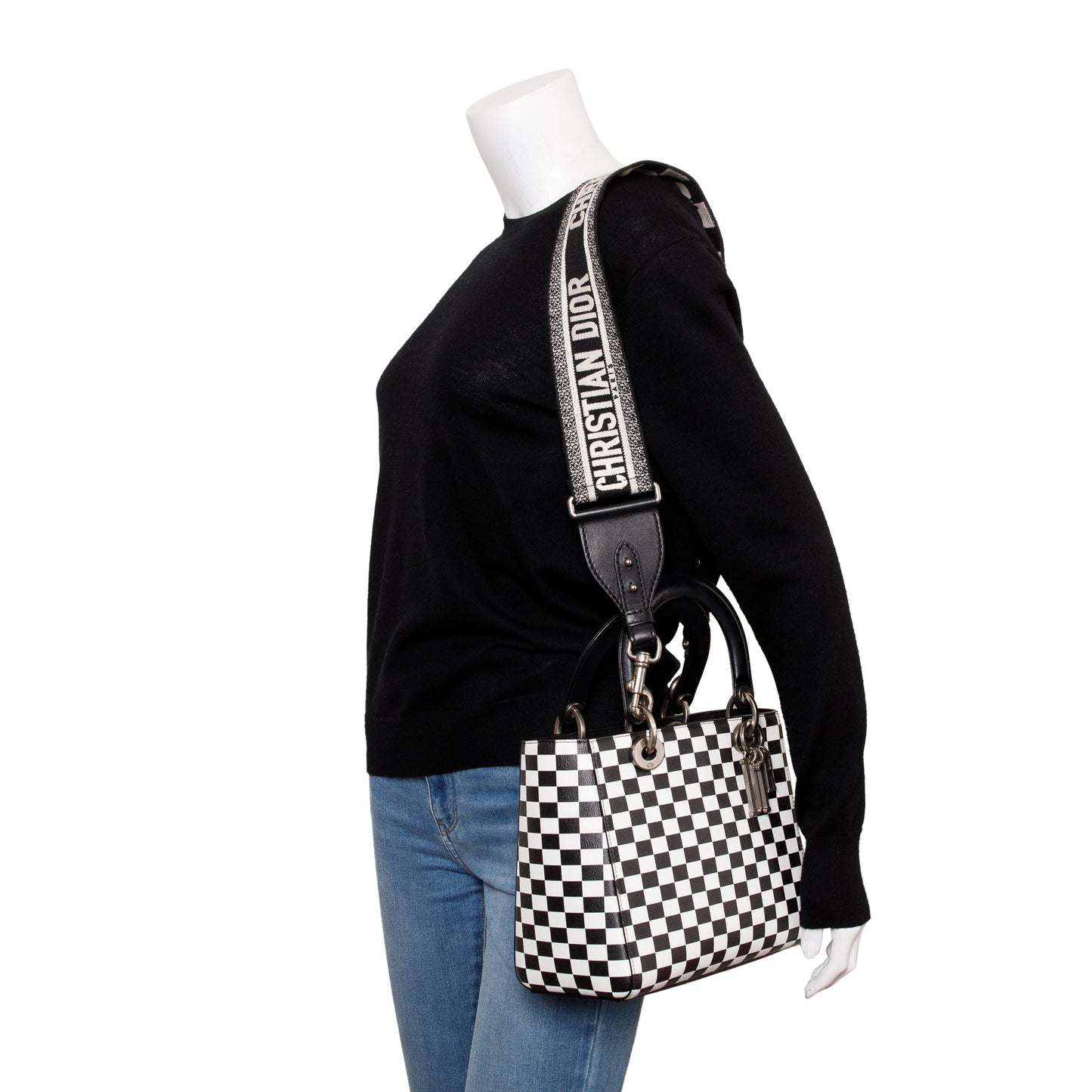 Dior Christian & Check Print Medium Lady Bag Leather Black Travel Bag