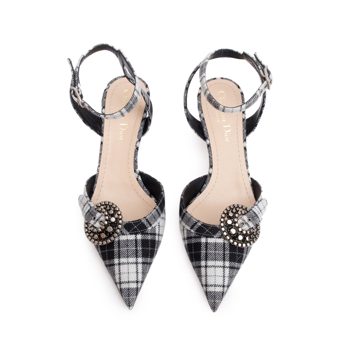 Dior Christian Tartan Fabric Gang Slingback Pumps, Size Black White Shoes