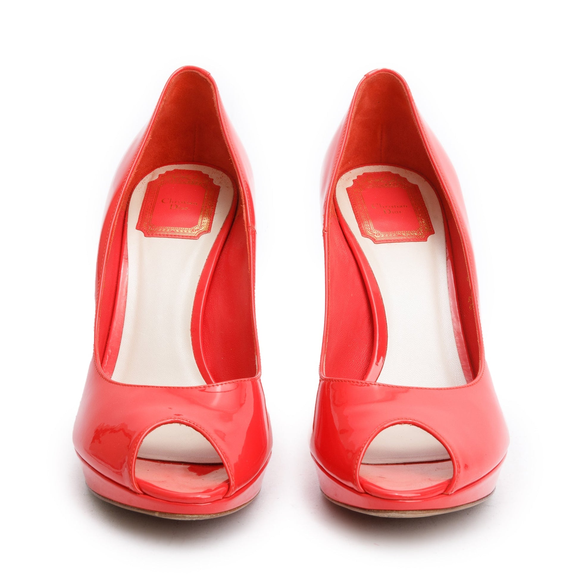 Dior Christian Coral Patent Peep Toe Pumps, Size Leather Shoes