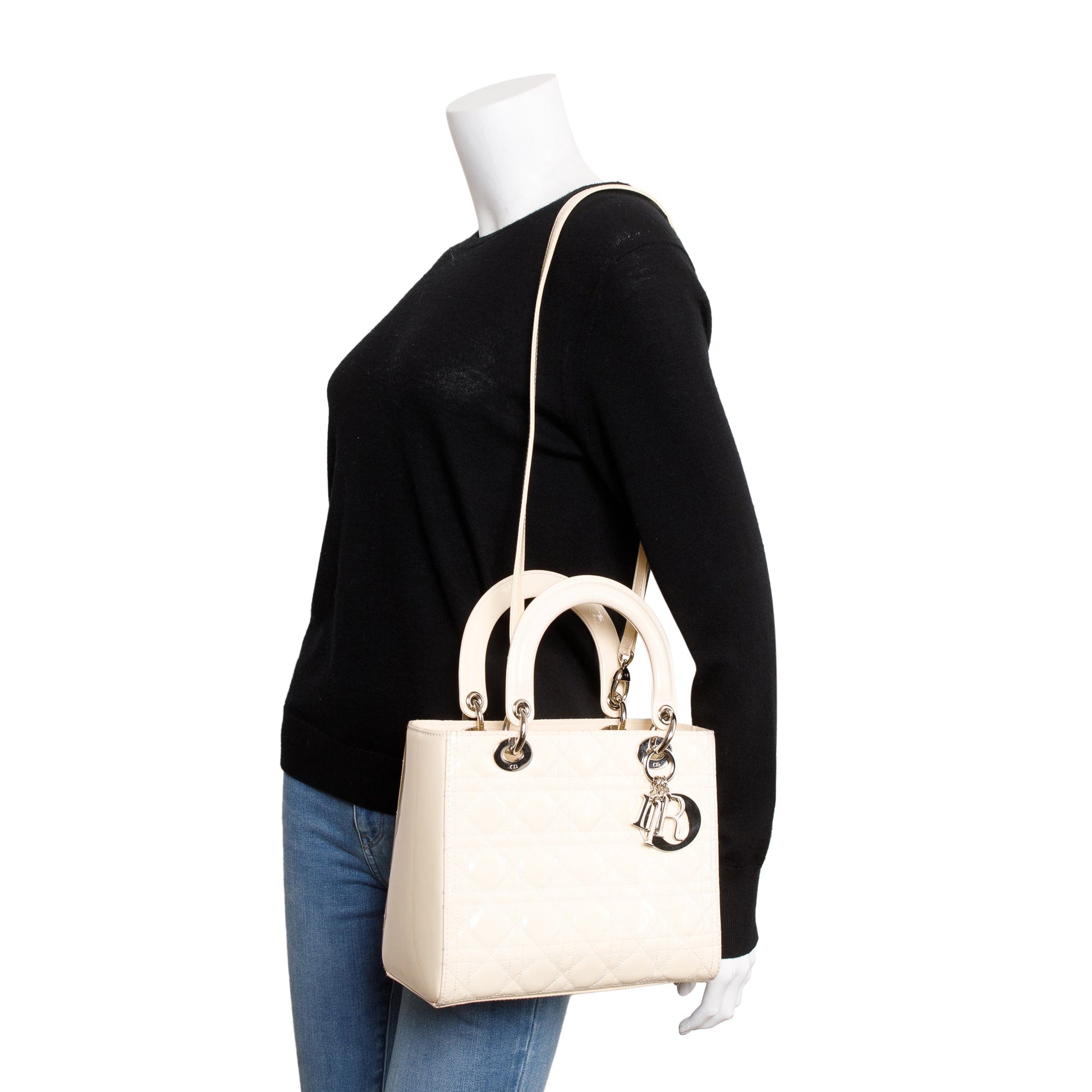 Dior Christian Creme Patent Lady Bag Leather Medium Travel Bag