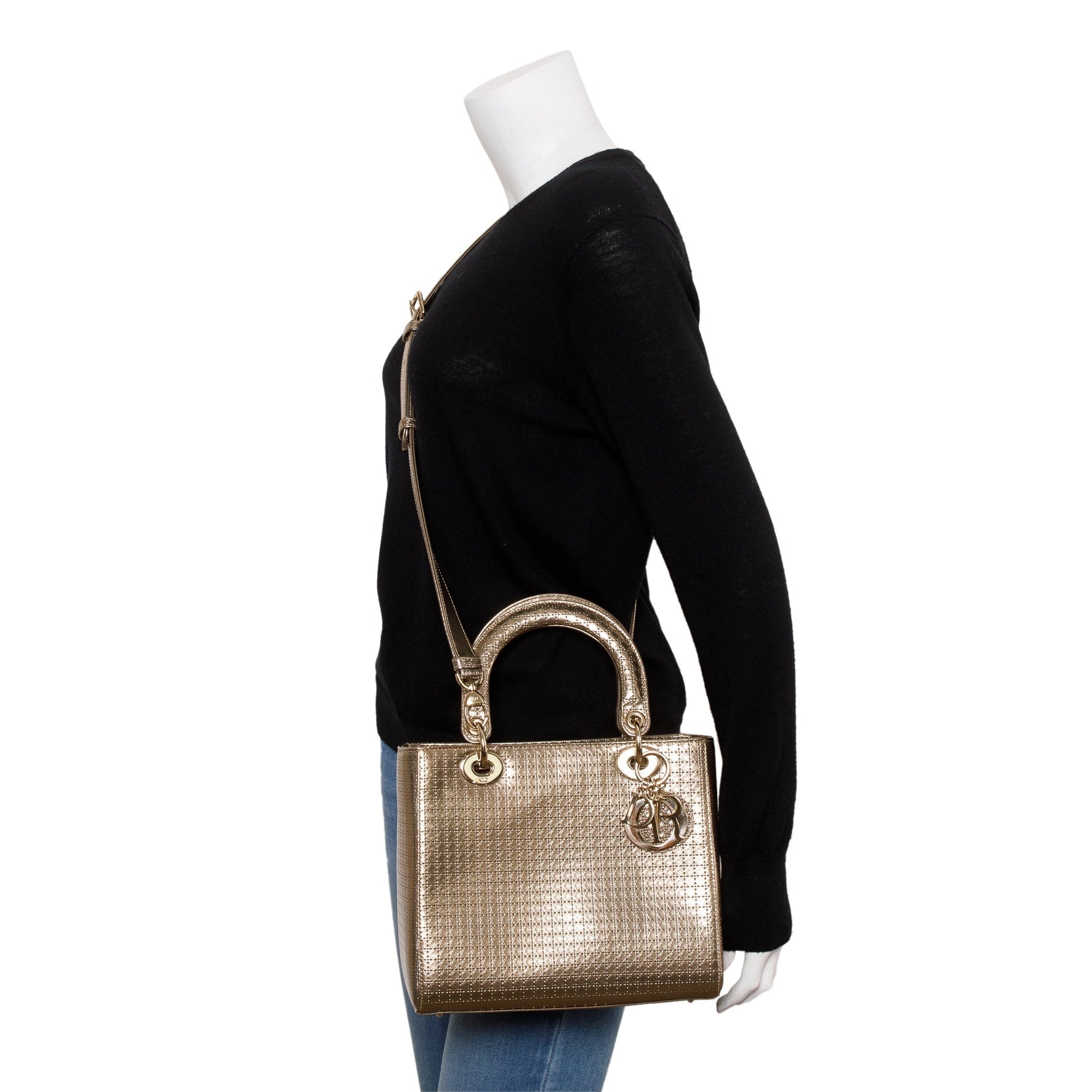 Dior Christian Metallic Microcannage Patent Lady Bag Leather Gold Travel Bag