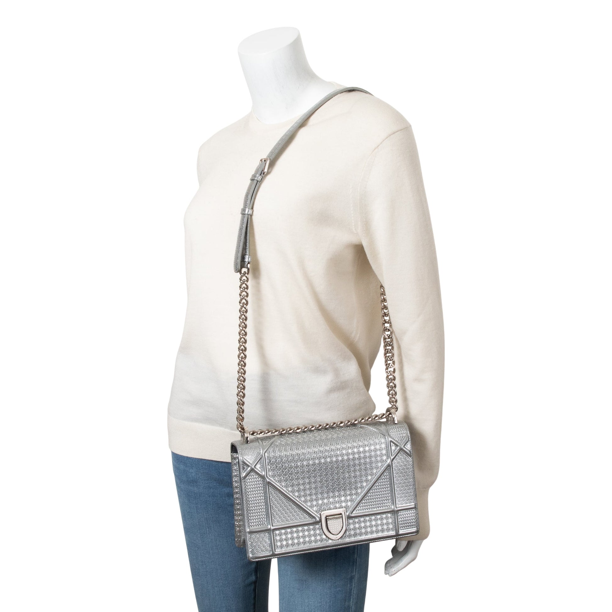 Dior Christian Metallic Microcannage ama Shoulder Bag Silver Large