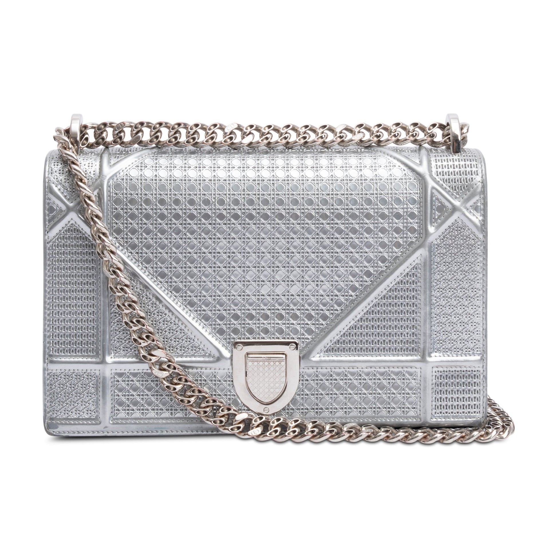Dior Christian Metallic Microcannage ama Shoulder Bag Silver Large