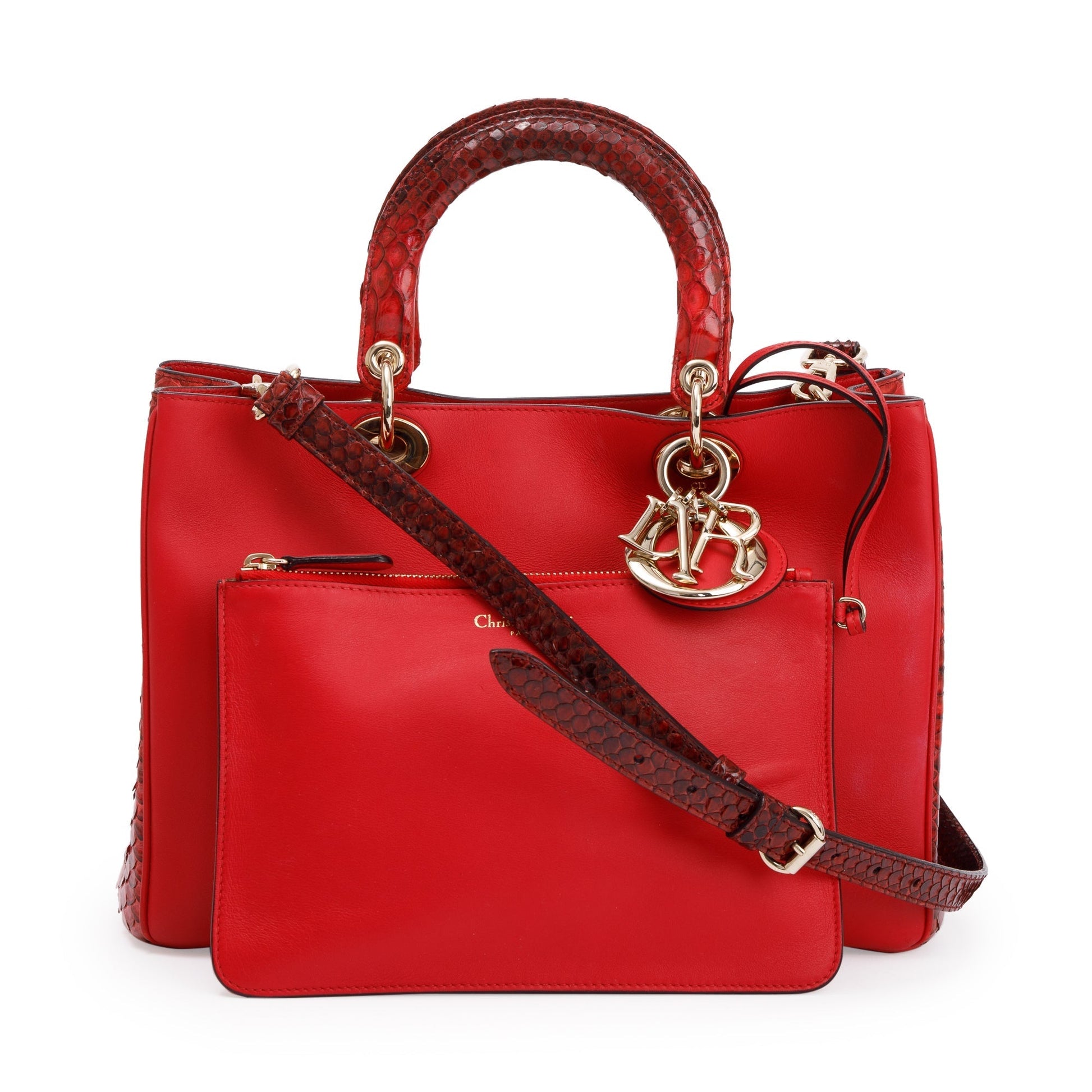 Dior Christian Python Trimmed Calfskin issimo Tote Handbag Leather Red Tote Bag