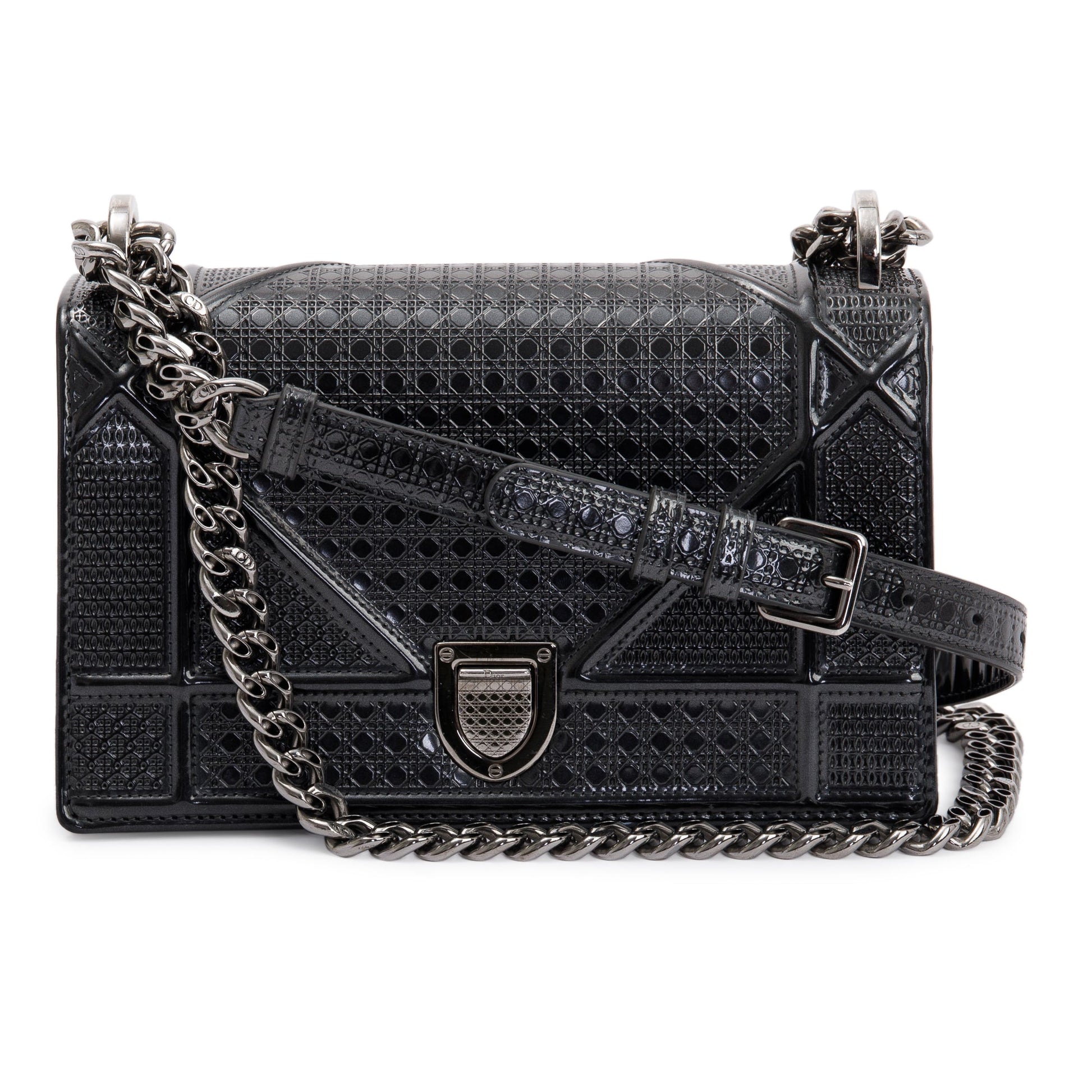Dior Christian Metallic Grey Micro Cannage Patent ama Leather Small Shoulder Bag