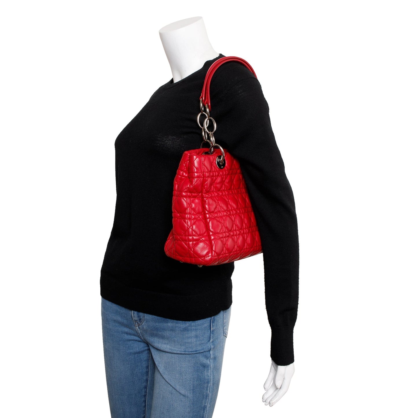 Dior Christian Cannage Calfskin Lady Soft Shopping Tote Leather Red Tote Bag