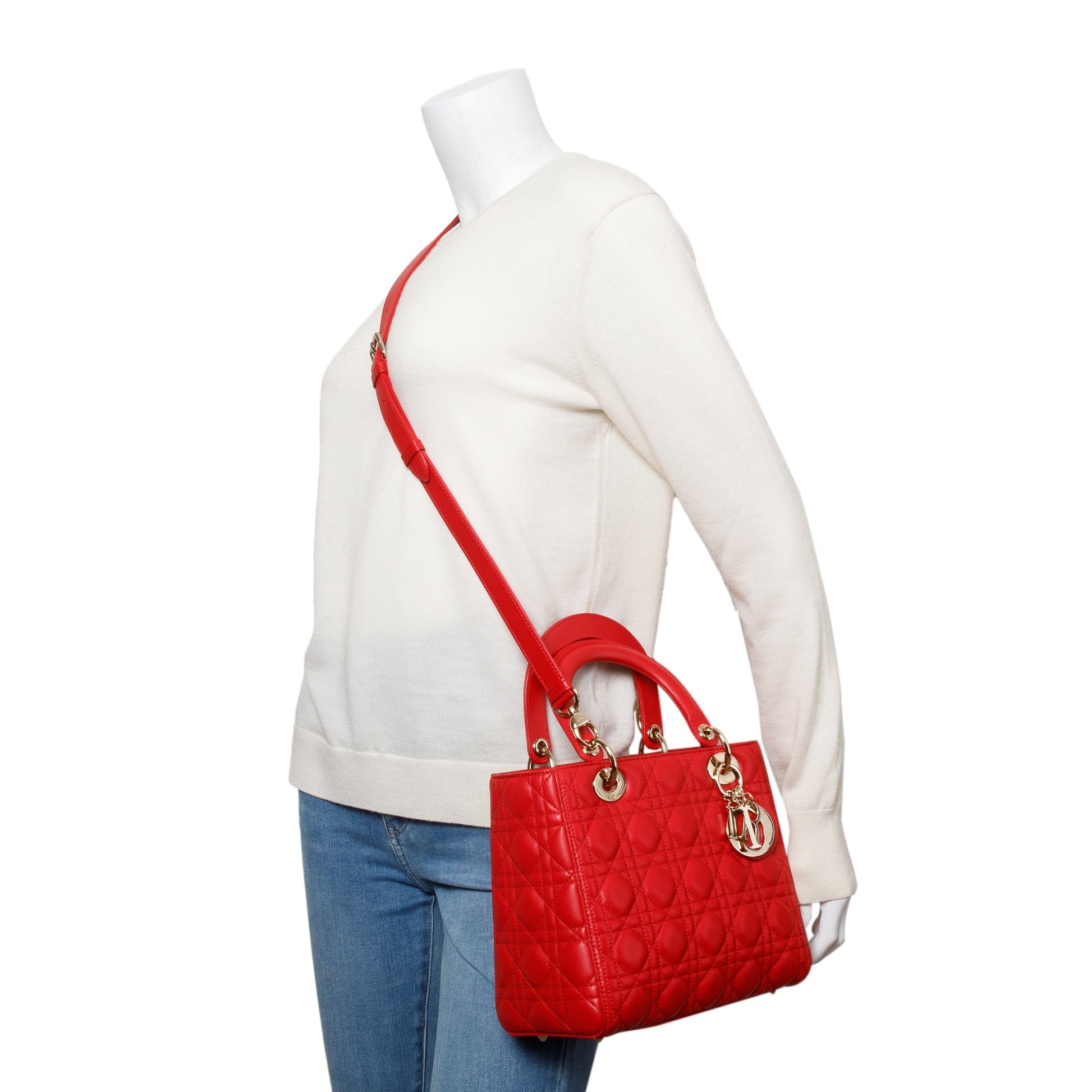 Dior Christian Cannage Lambskin Lady Bag Leather Red Travel Bag
