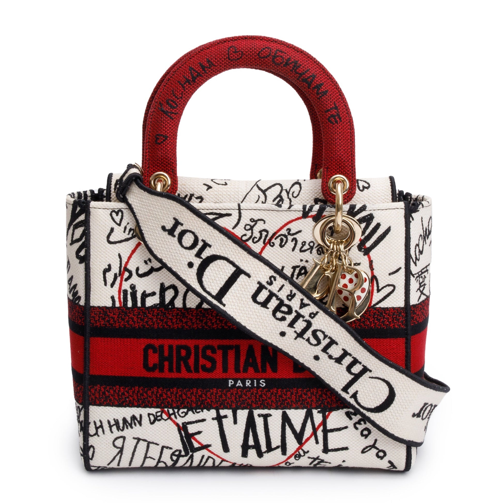 Dior Christian Red amour Graffiti Medium Lady Di Canvas Black Travel Bag
