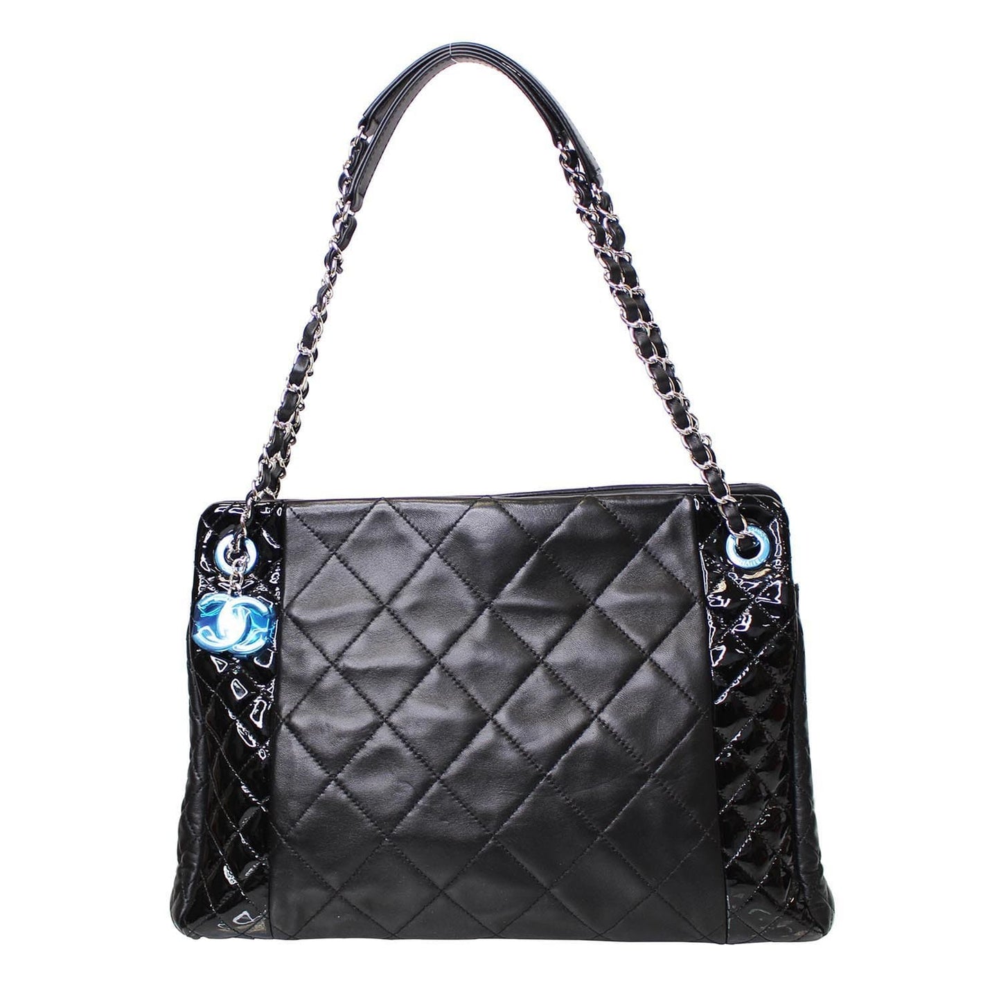 Chanel CC Charm Quilted Patent Leather Lambskin Black Key Chain