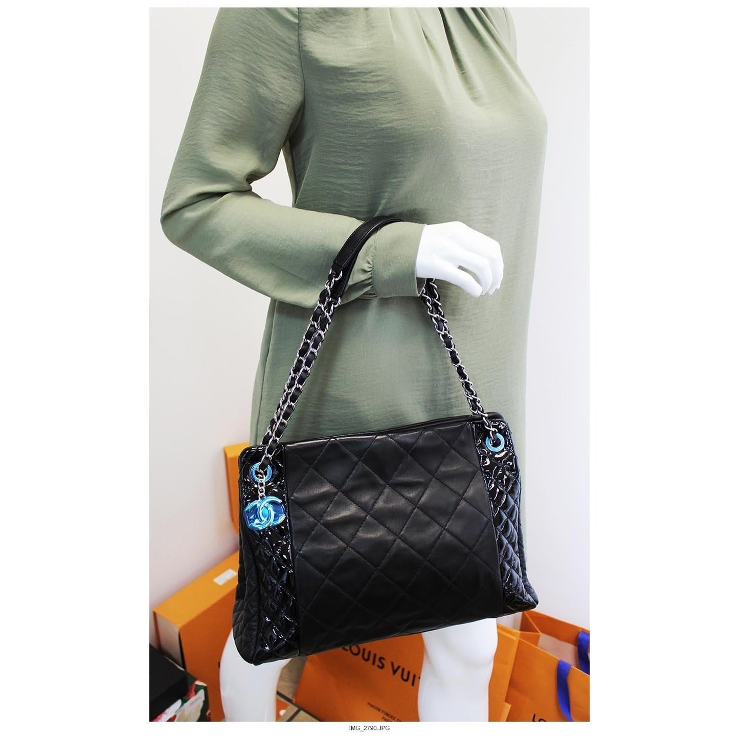 Chanel CC Charm Quilted Patent Leather Lambskin Black Key Chain