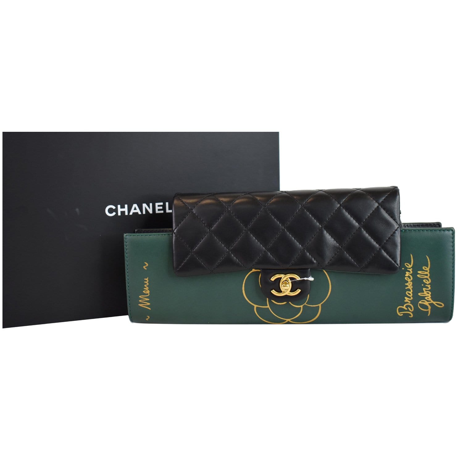 Chanel Gabrielle Brasserie Menu Calfskin Clutch Bag Black Chain