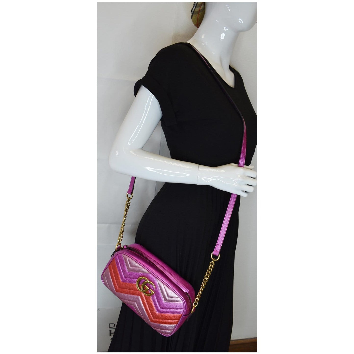 Gucci Marmont Chevron Metallic Crossbody Bag Tri Color Leather Small