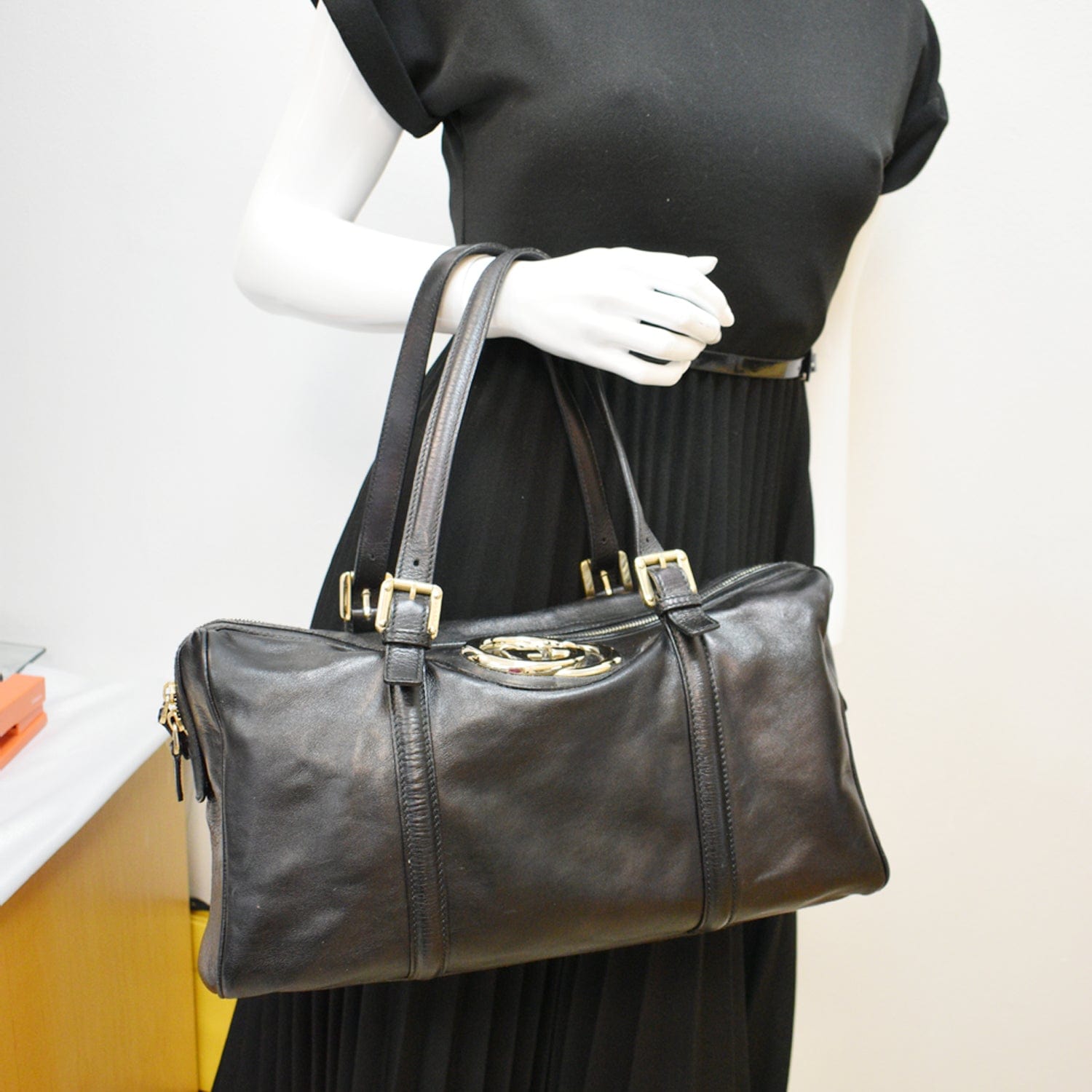 Gucci Britt Satchel Bag Leather Black Travel Bag