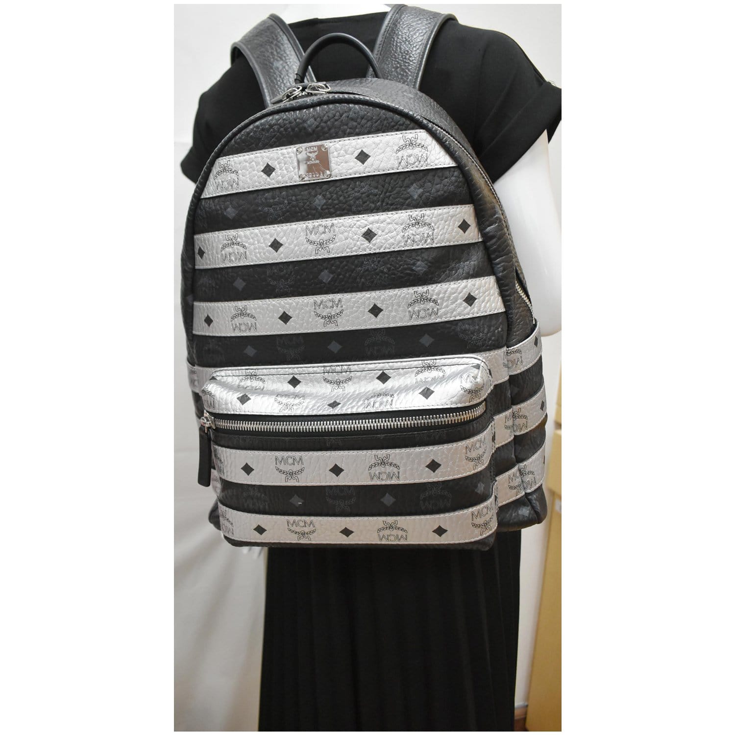 MCM Striped Stark Metallic Visetos Backpack Bag Black Silver