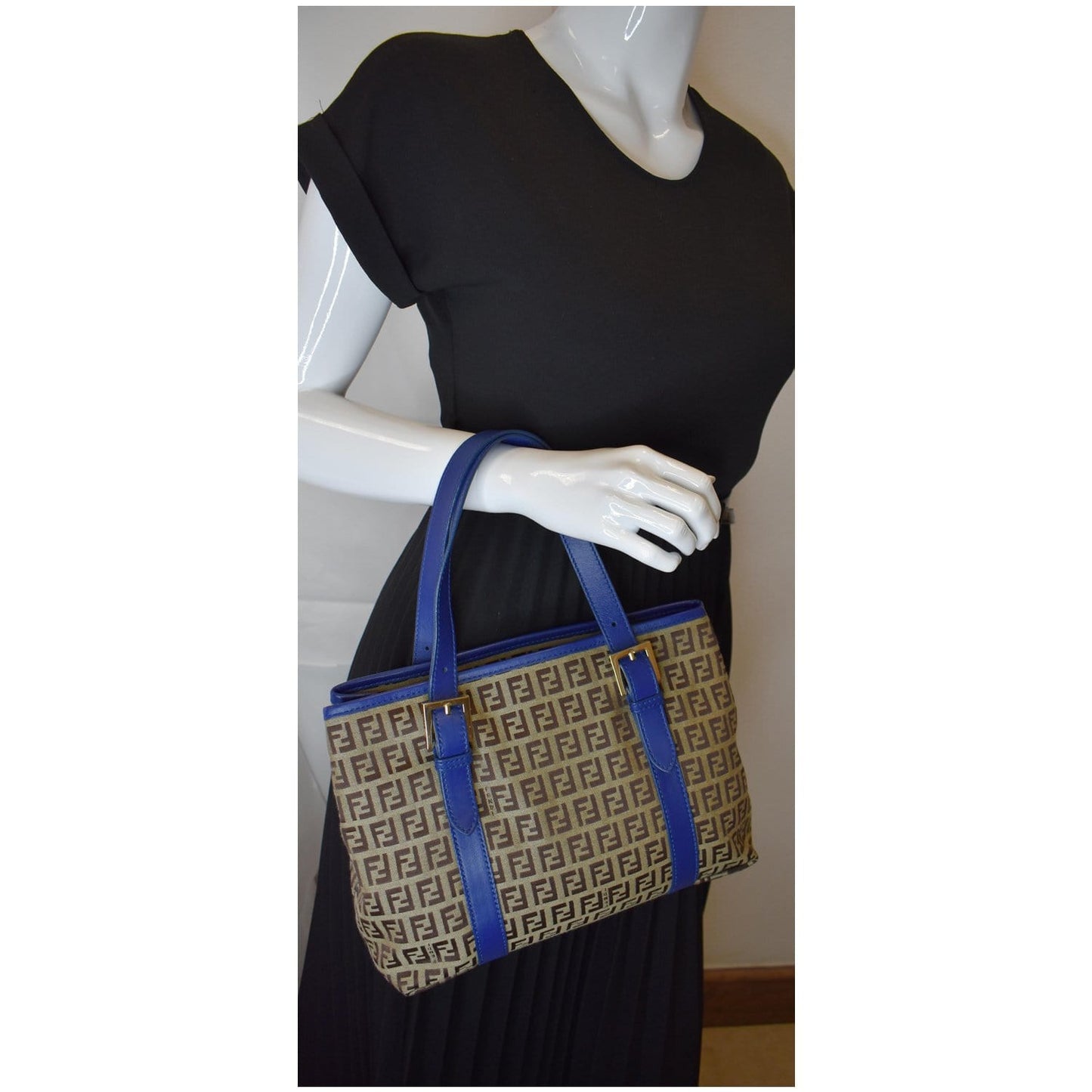 Fendi Zucchino Print Tote Bag Blue Leather Canvas
