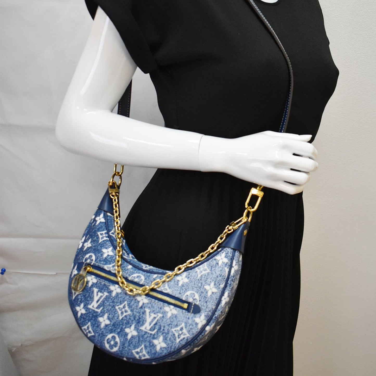 Louis Loop Jacquard Baguette Bag Navy Denim Monogram Shoulder Bag