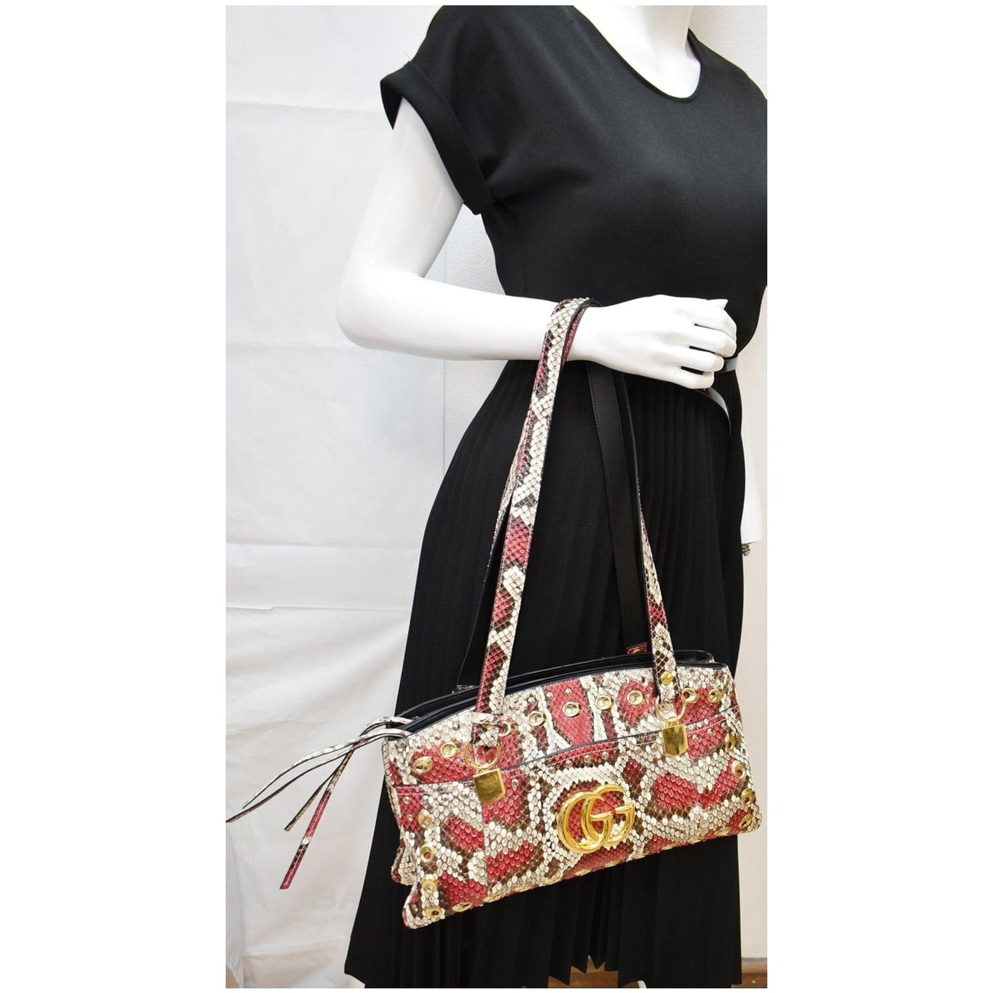 Gucci Arli Snakeskin Top Handle Shoulder Bag Multicolor Leather Large