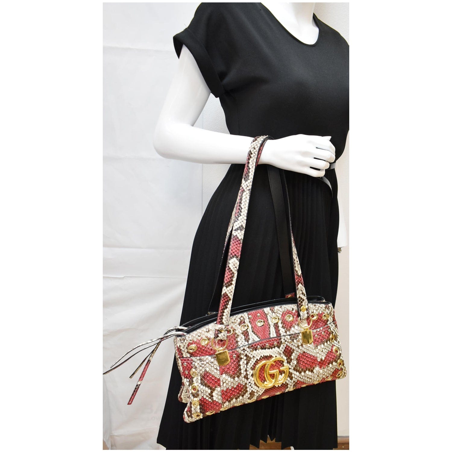 Gucci Arli Snakeskin Top Handle Shoulder Bag Multicolor Leather Large