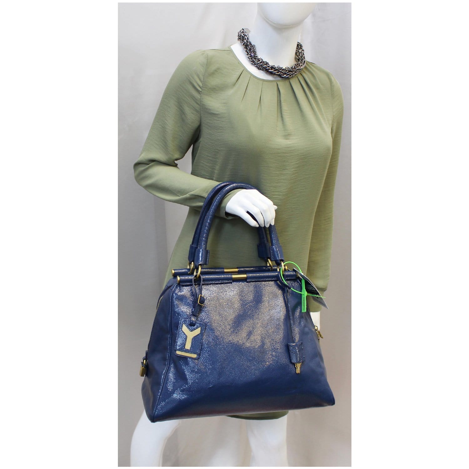 YSL Saint Laurent Saint Majorelle Patent Satchel Bag Leather Blue Travel Bag