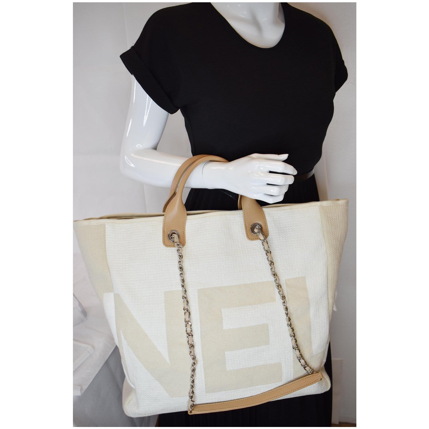 Chanel 18P Deauville 2Way Shopping Tote Bag Beige Chain